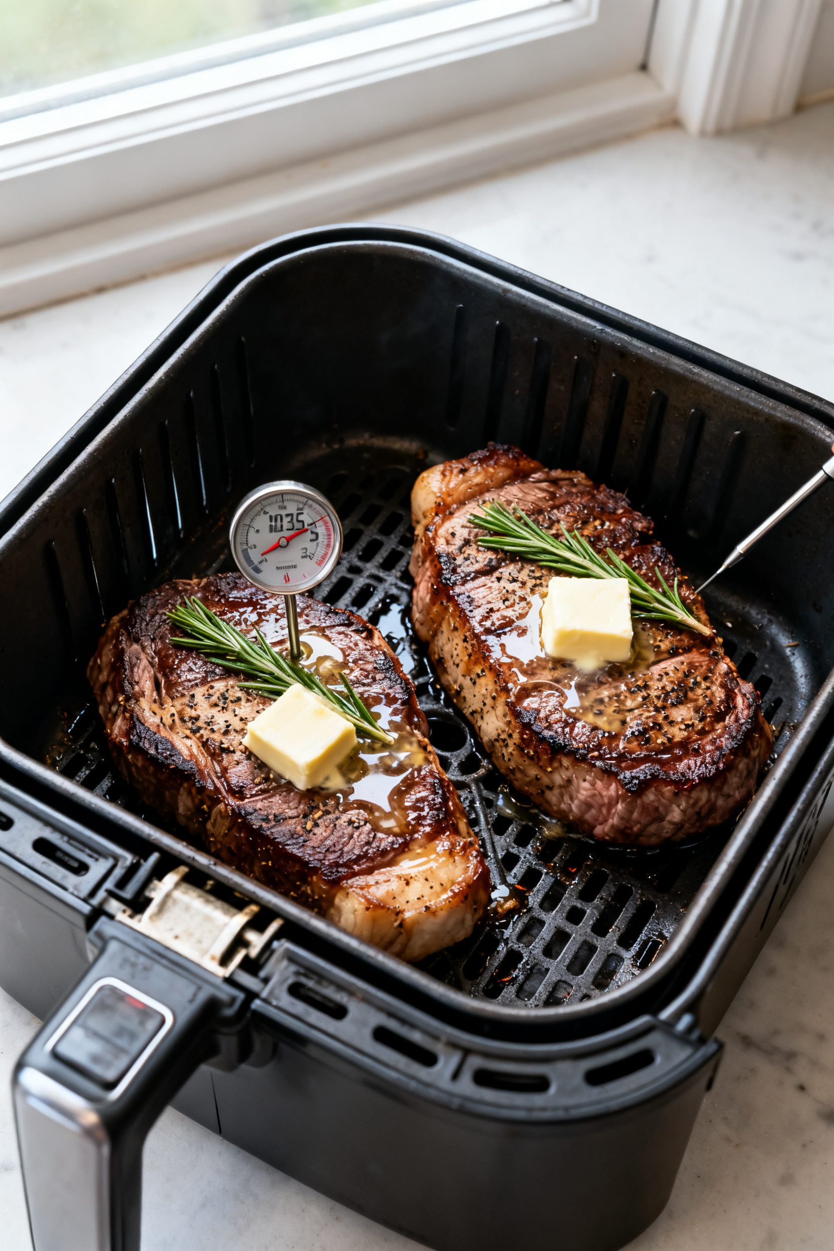 Cooking process: Overhead shot of two seasoned fillet steaks in an open air fryer basket mid-cook af