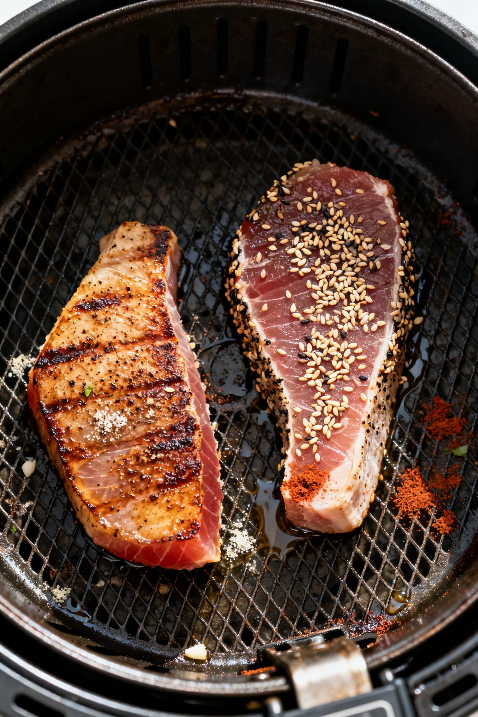 Cooking process: Overhead shot of two seasoned tuna steaks in a preheated air fryer basket at the fl