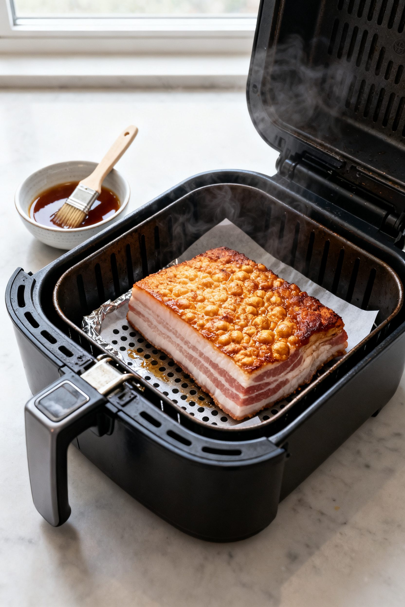 Cooking process: Pork belly slab in an open air fryer basket, skin-side up, at the “crisp the skin