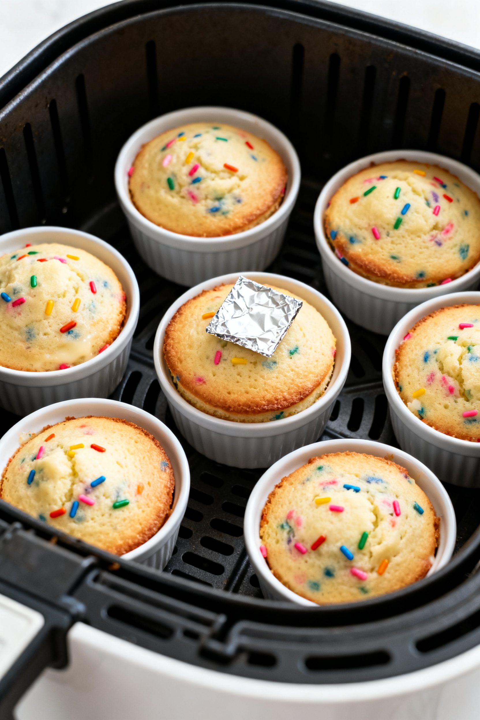 Cooking process: Ramekin-sized Funfetti mini cakes baking in an air fryer basket at 320°F, tops gen