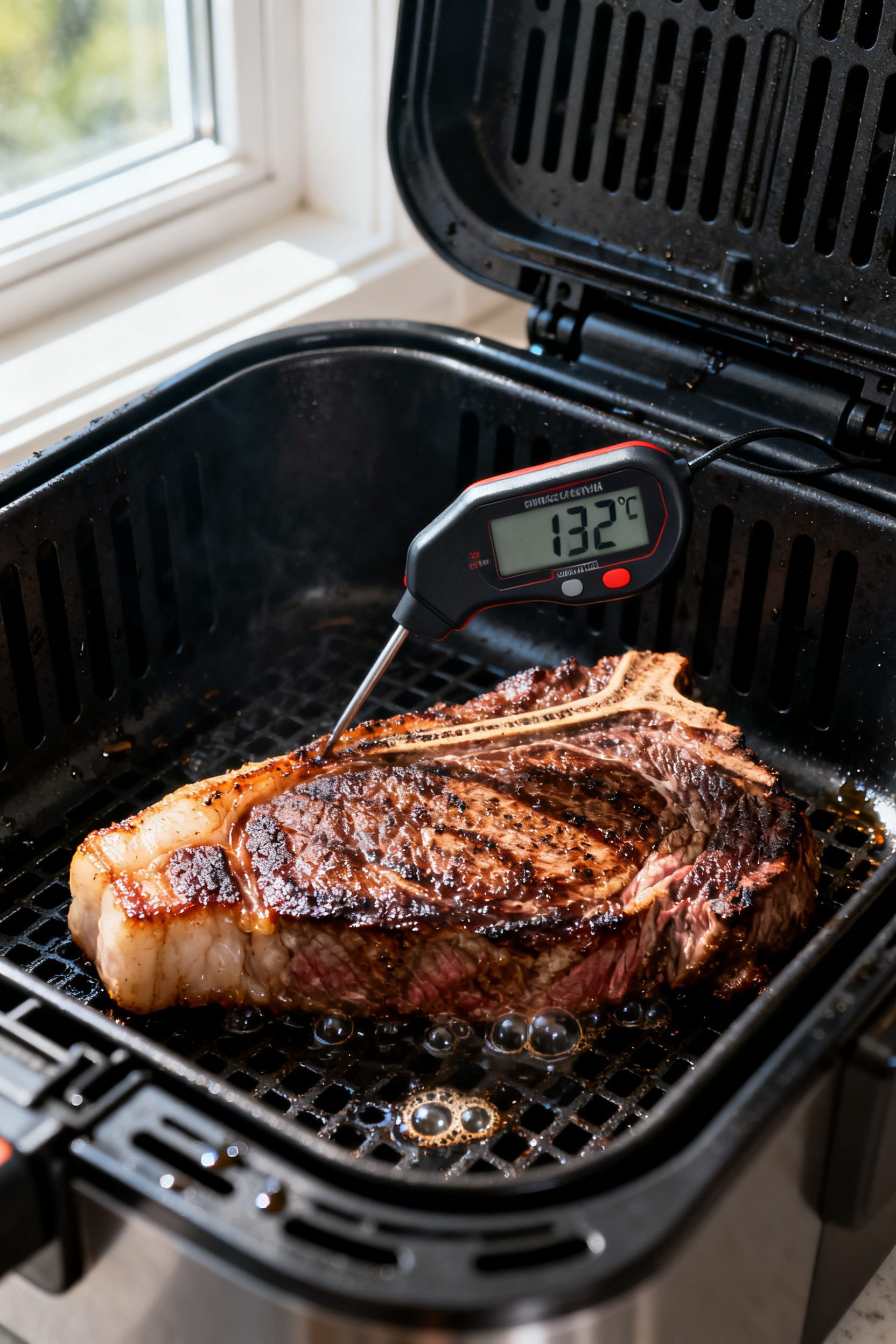 Cooking process: Ribeye in an open air fryer basket mid-cook after the flip, showing a well-browned 