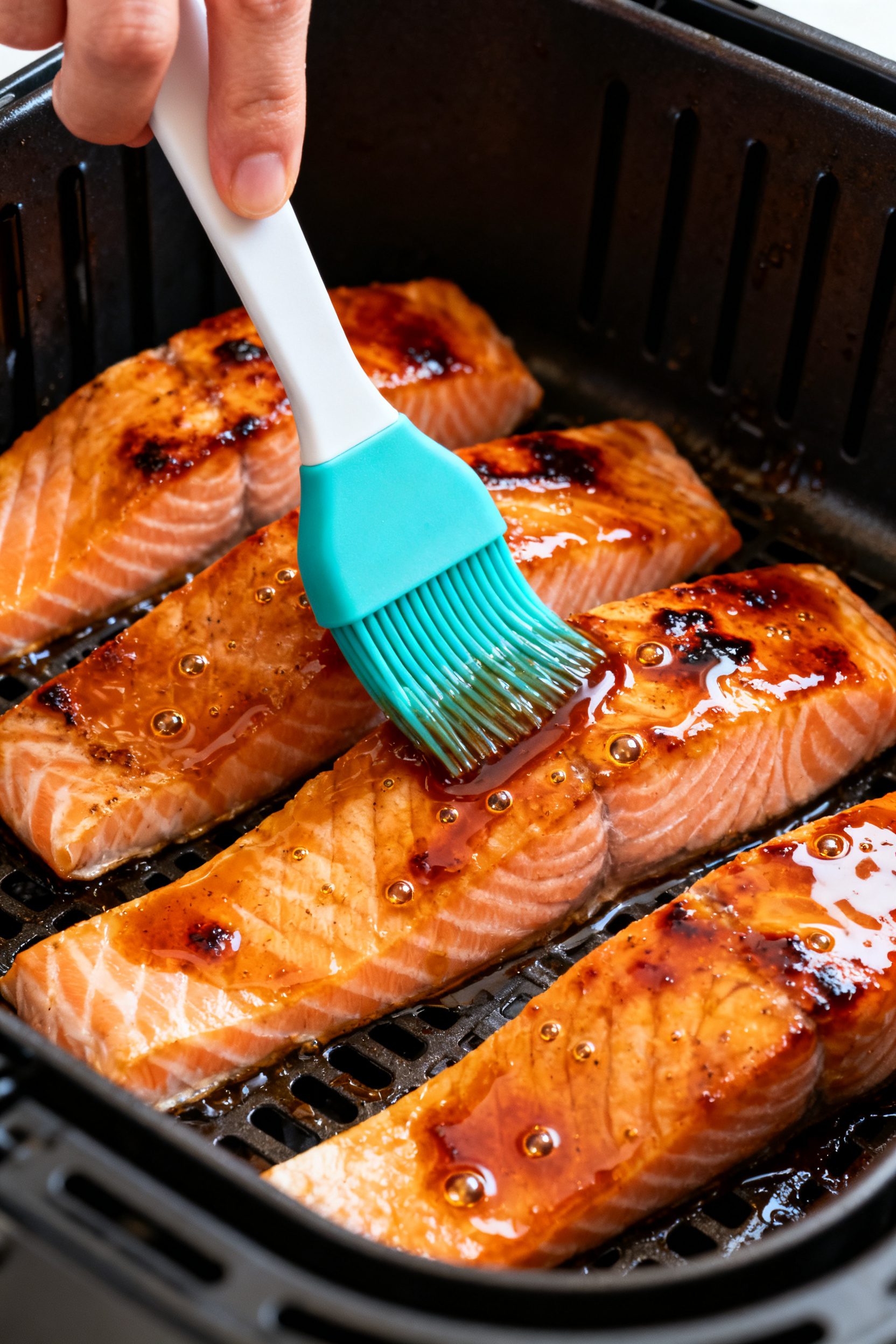 Cooking process: Salmon fillets in the air fryer mid-cook at 390°F, arranged in a single layer skin
