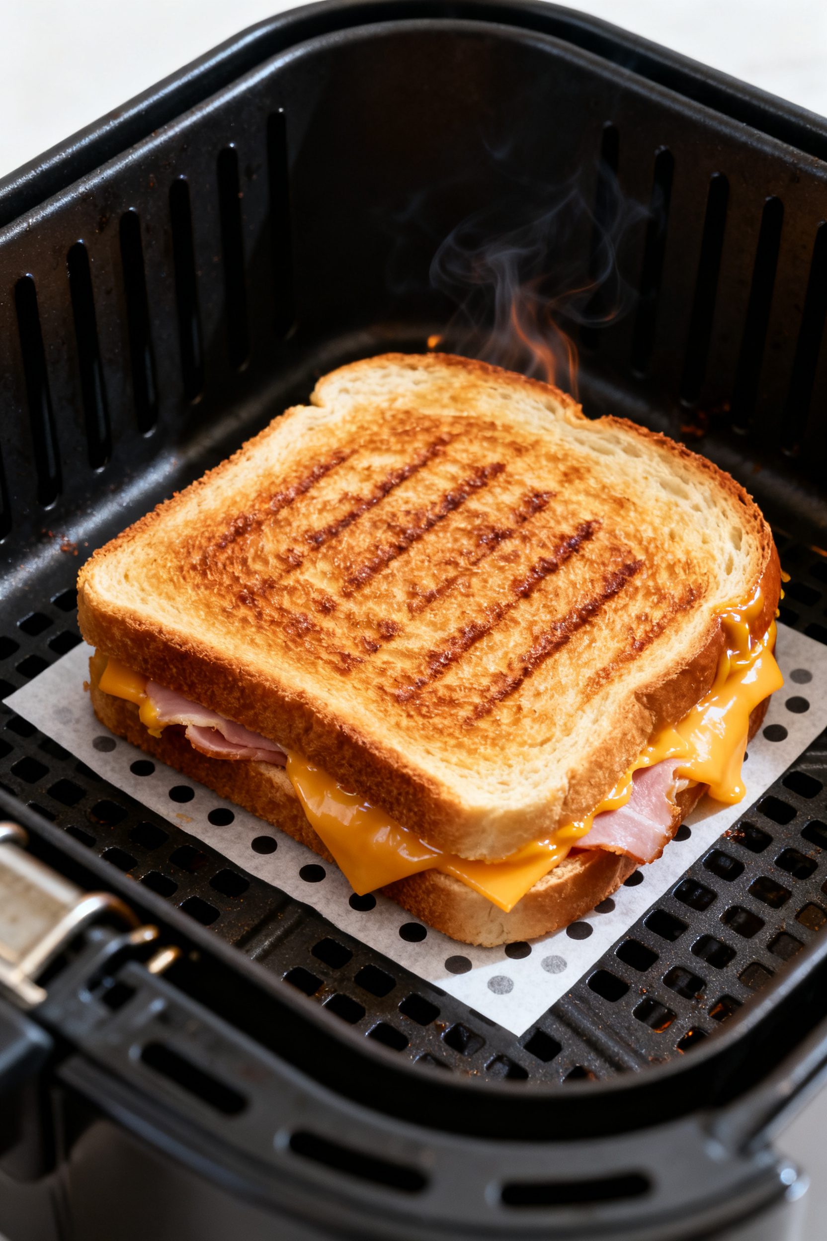 Cooking process: Sandwich mid-cook in an open air fryer basket at 375°F, top slice flipped to show 