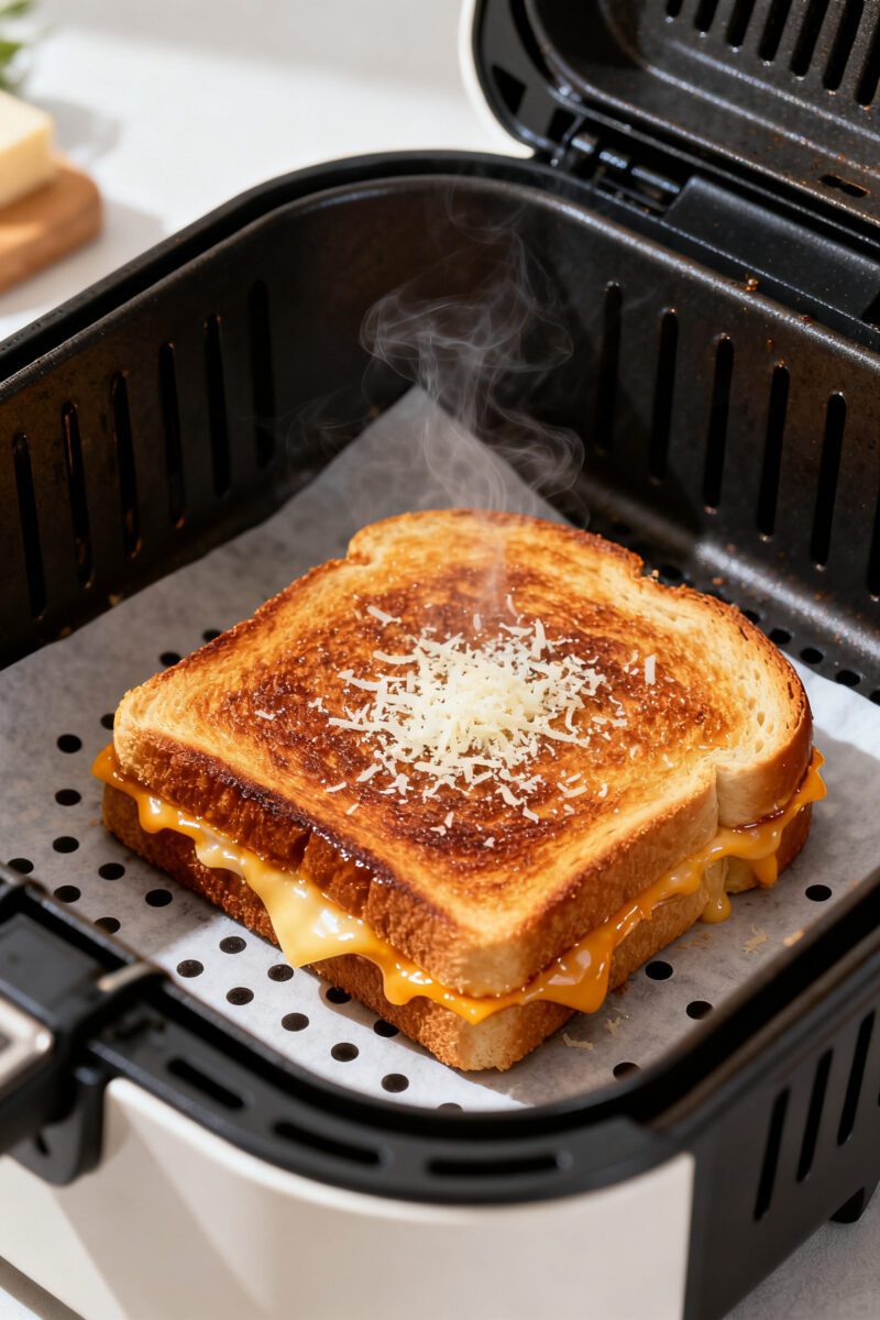 Cooking process: Sandwiches in an open air fryer basket at the flip step, one side perfectly deep go