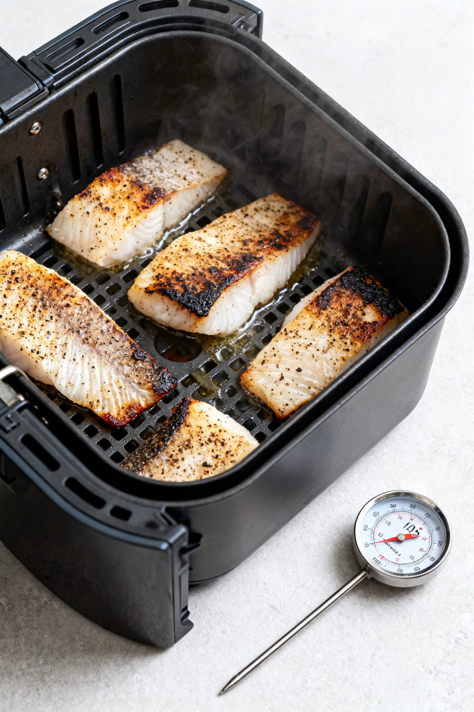 Cooking process scene, 3/4 angle: seasoned cod fillets arranged in a single layer in the preheated a