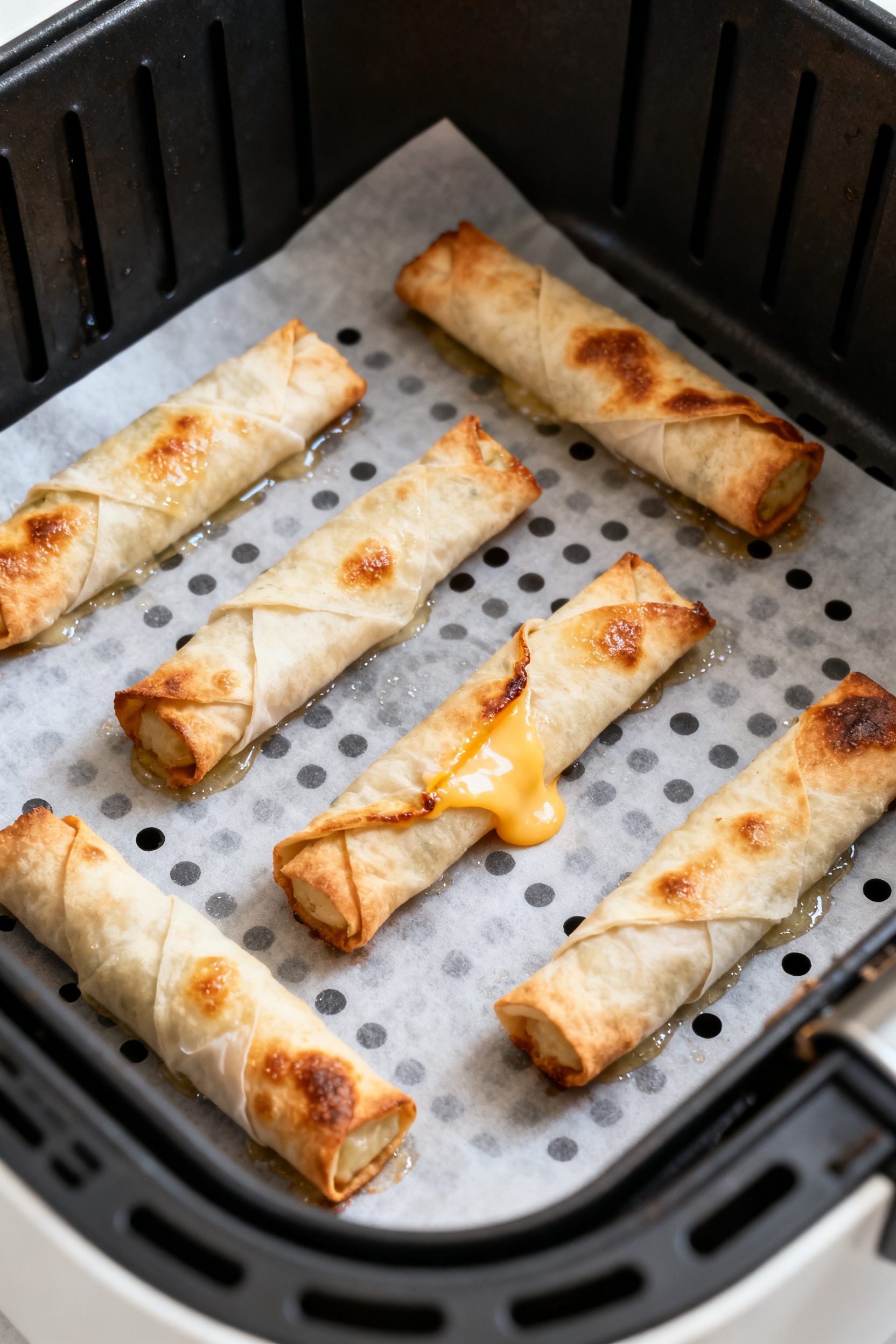 Cooking process scene inside the air fryer basket: a single layer of wrapped sticks spaced apart, li