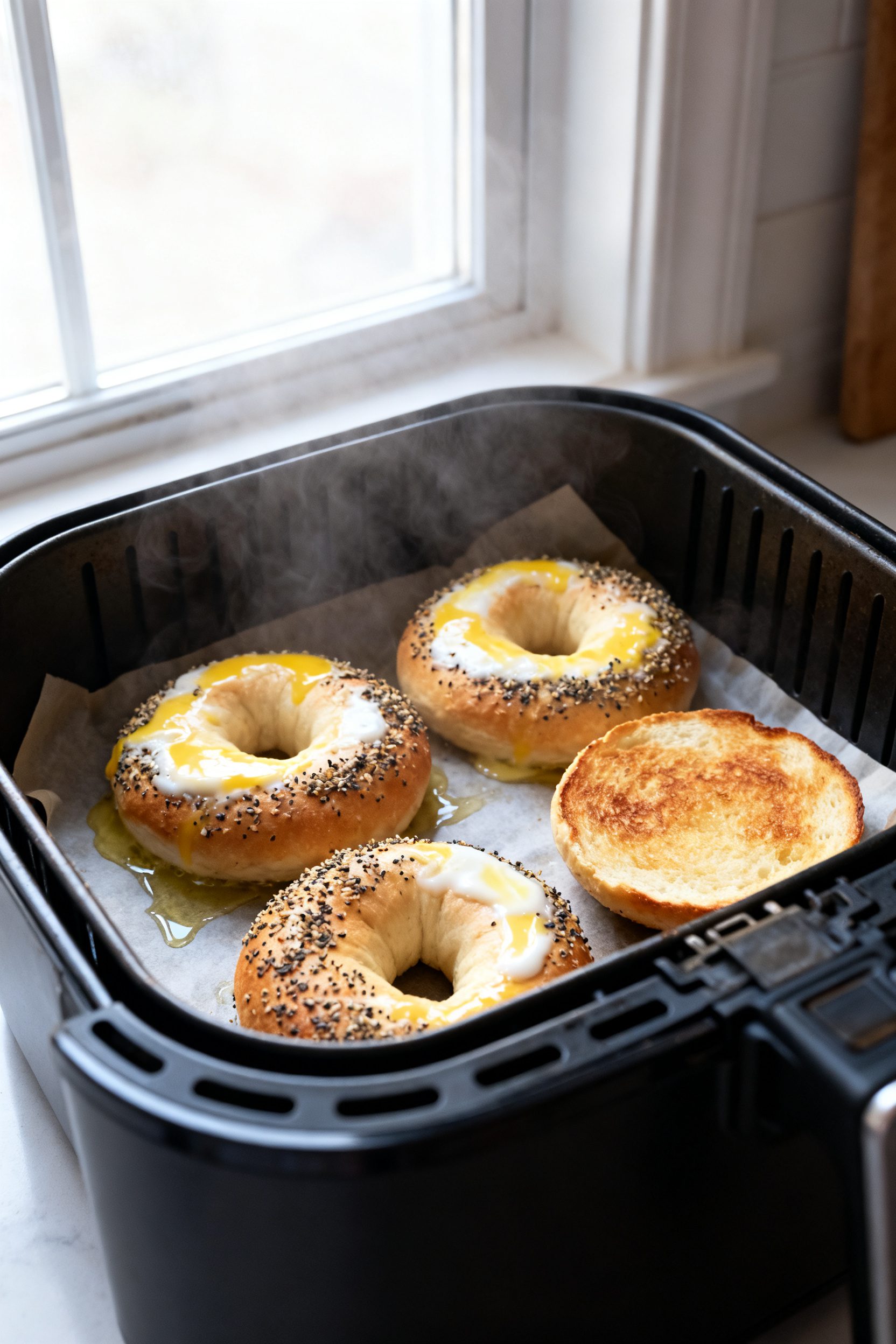 Cooking process scene: shaped bagel rings in an air fryer basket mid-cook at 350°F, evenly spaced t