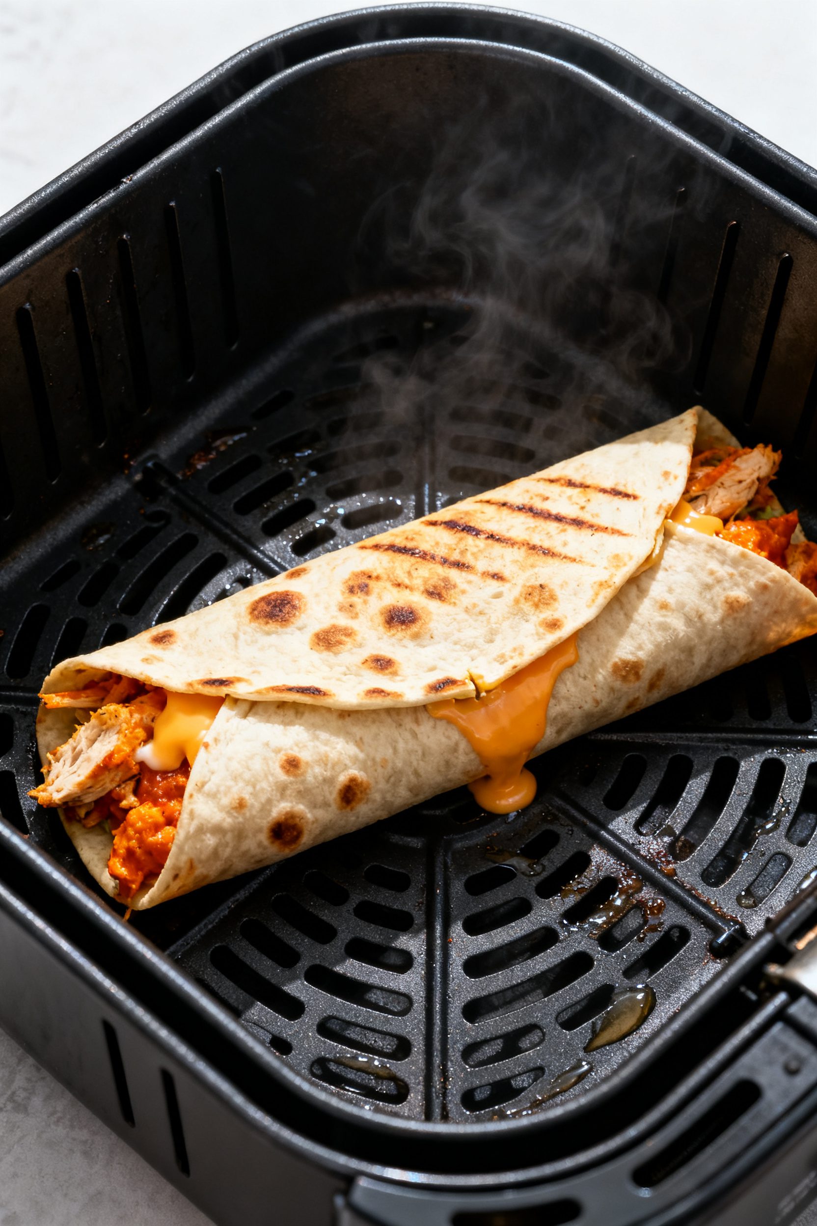 Cooking process: Seam-side-down buffalo chicken wrap crisping in an air fryer basket at 370°F, tort