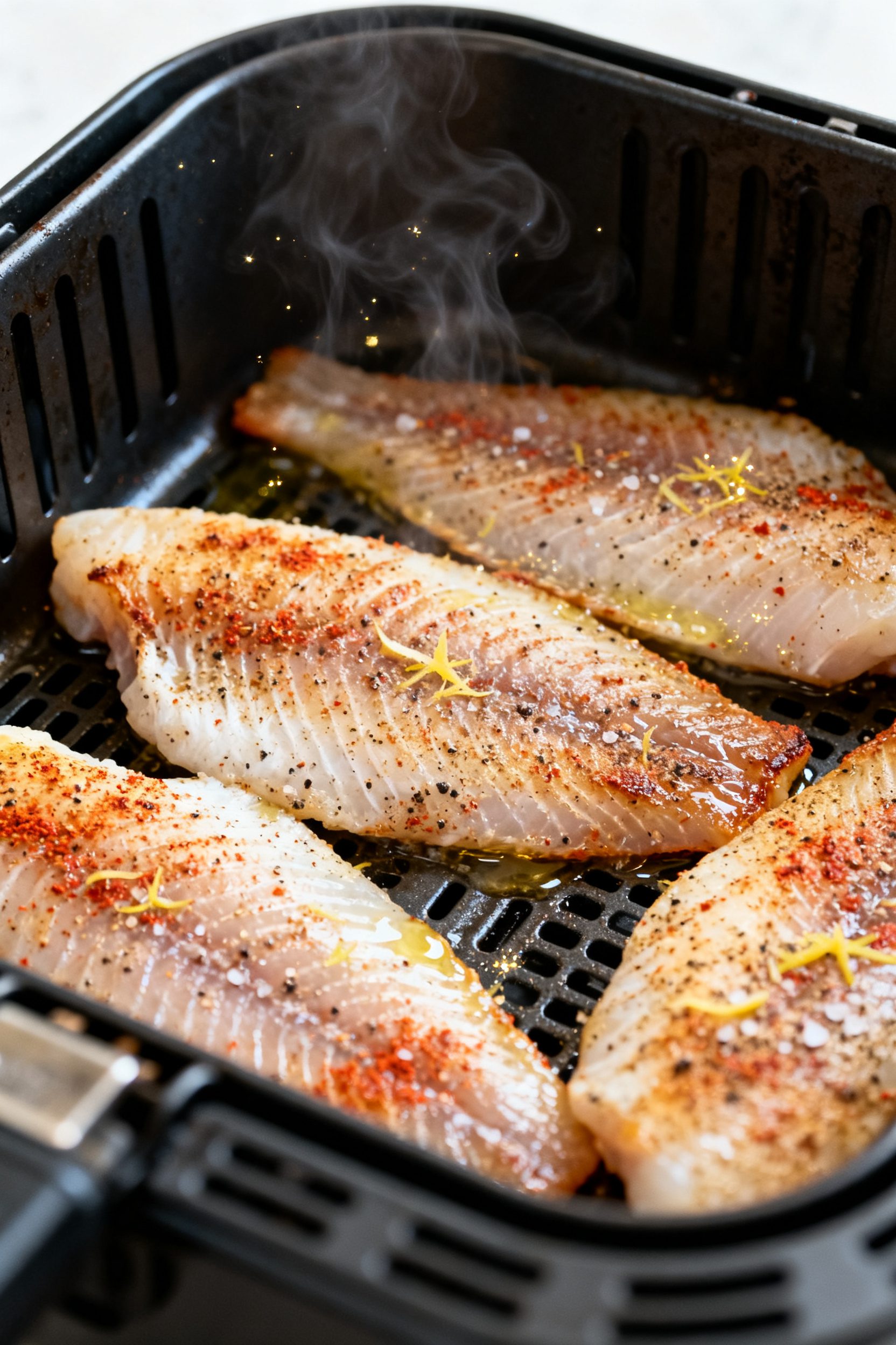 Cooking process: Seasoned tilapia fillets arranged in a single, non-overlapping layer inside a prehe
