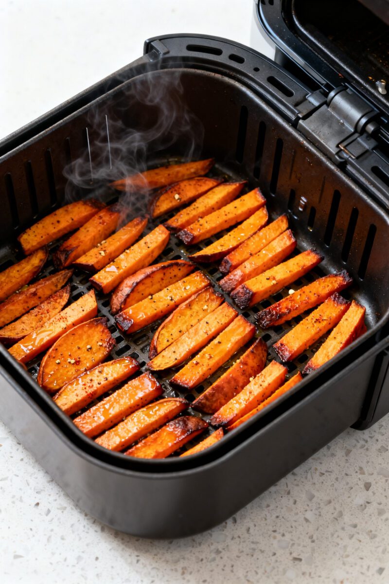 Cooking process shot: Air fryer basket just opened mid-cook, a single, evenly spaced layer of sweet