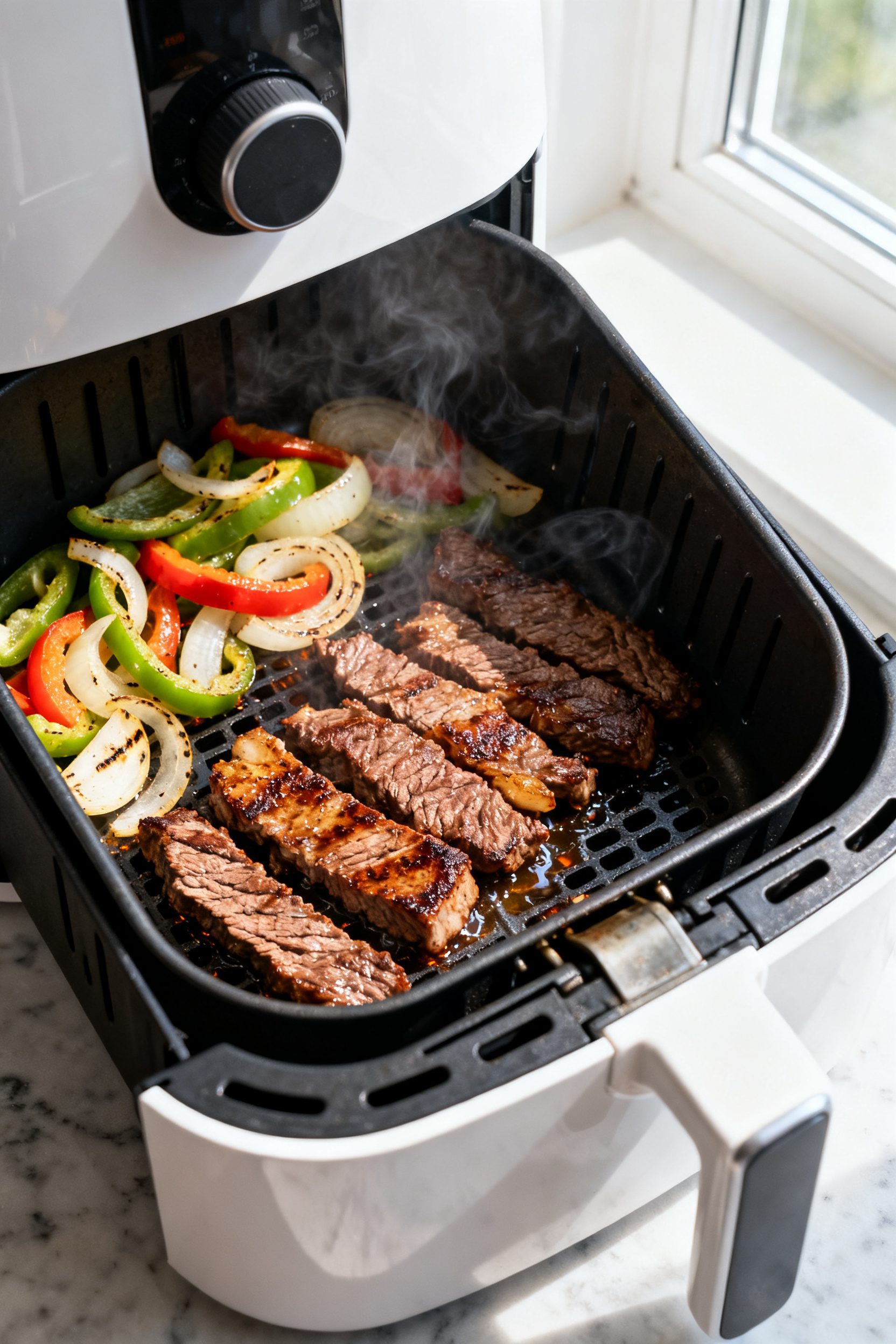 Cooking process shot: Air fryer basket just opened at 400°F showing a single, uncrowded layer of se