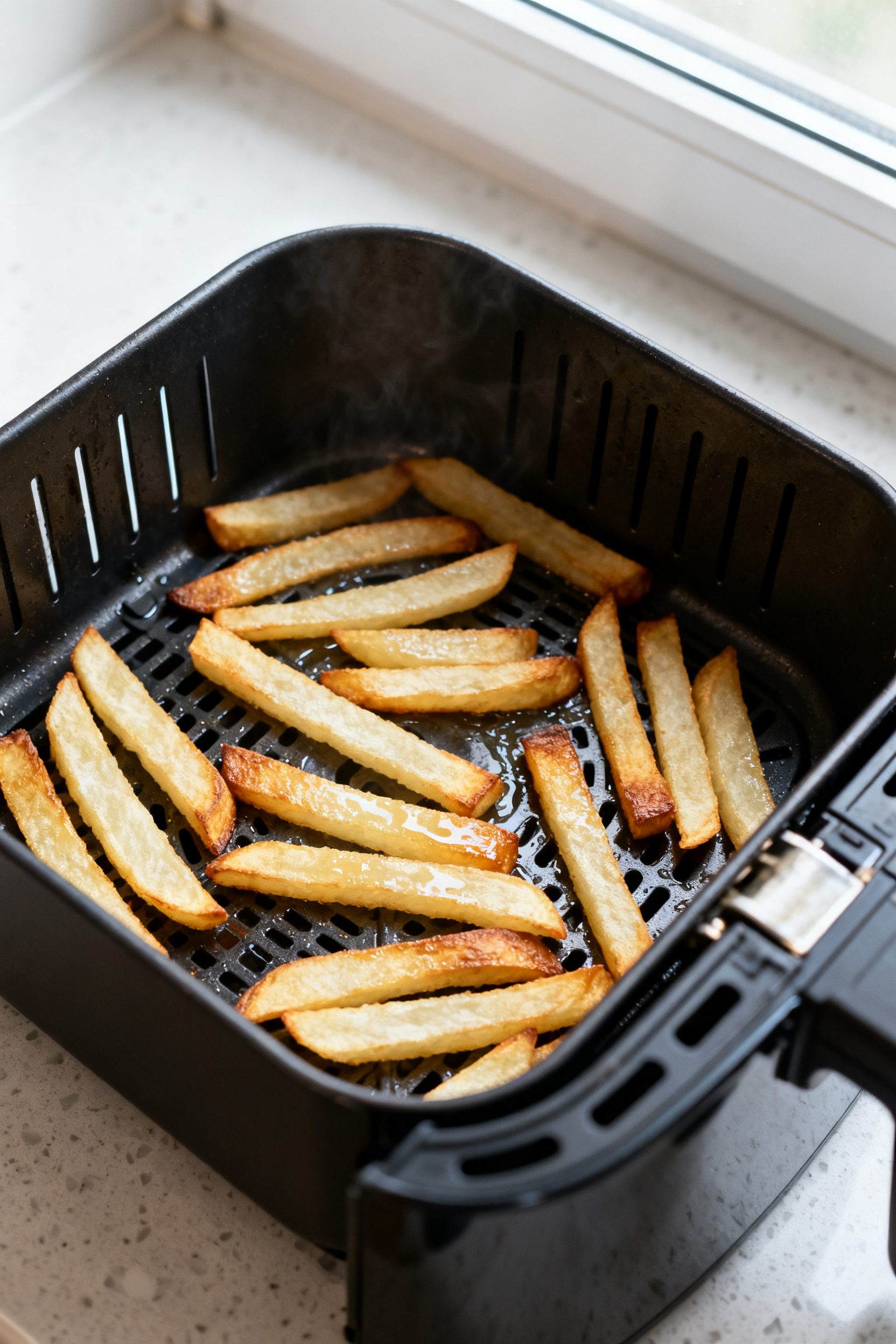 Cooking process shot: air fryer basket pulled open mid-cook, evenly spaced 3–4 inch piped strips t