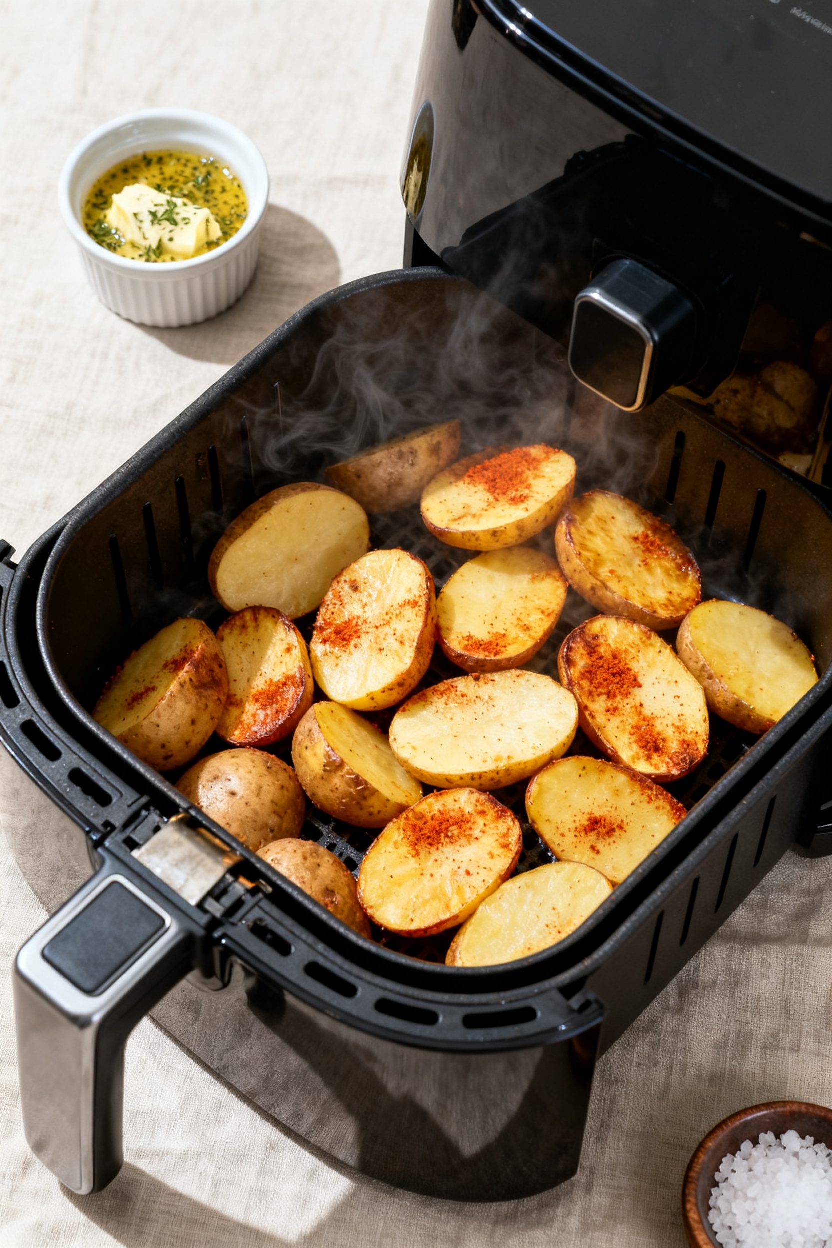 Cooking process shot: air fryer basket pulled out mid-cook at the shake step, potatoes in a single l