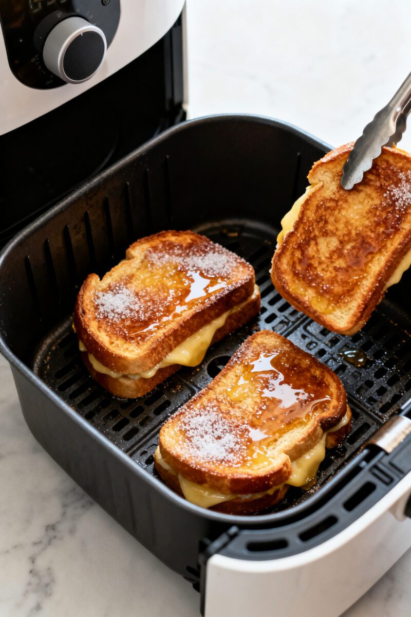 Cooking process shot: Air fryer basket scene with two custard-dipped stuffed French toast sandwiches
