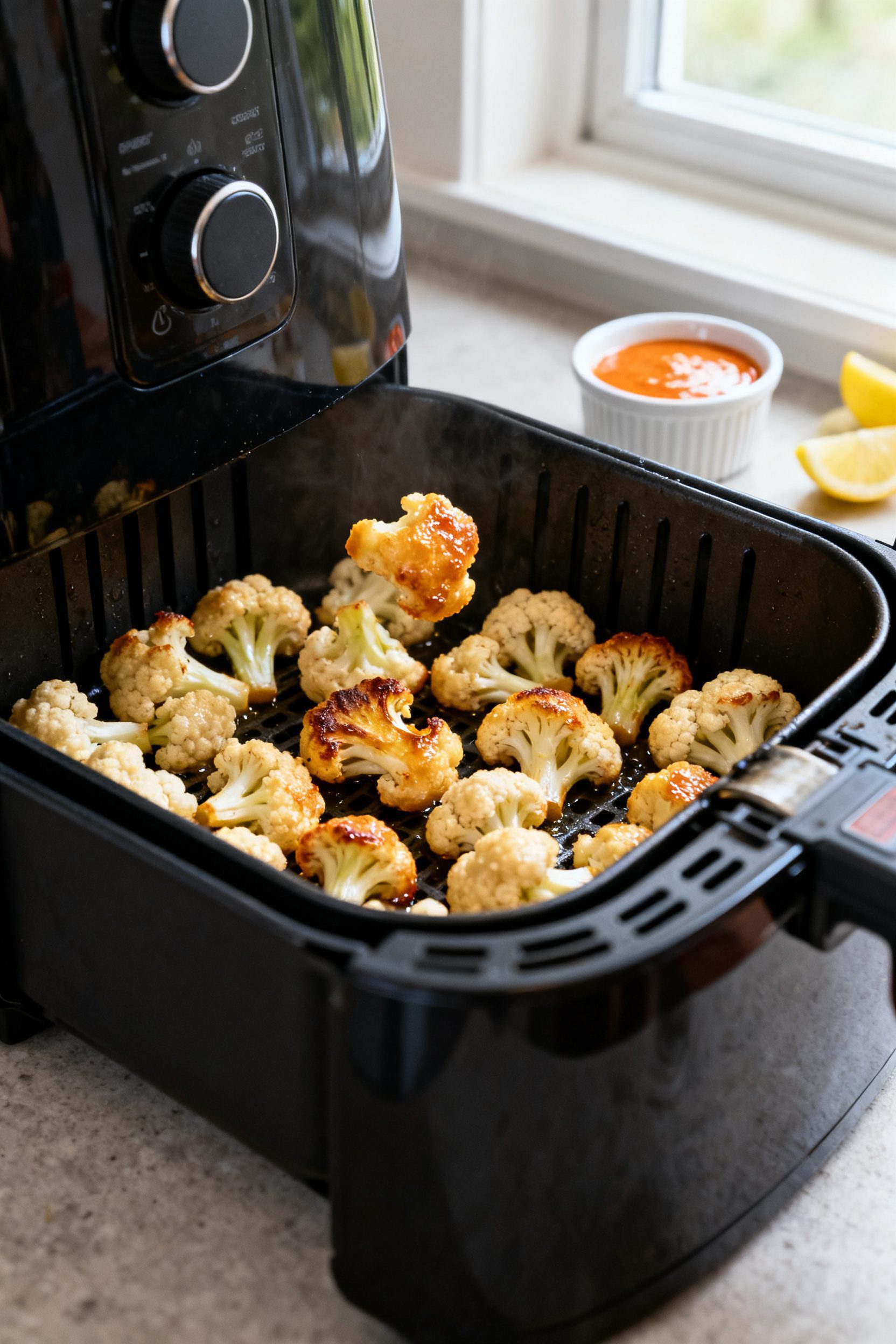 Cooking process shot: Air fryer drawer open mid-cook at 400°F, evenly spaced battered cauliflower f