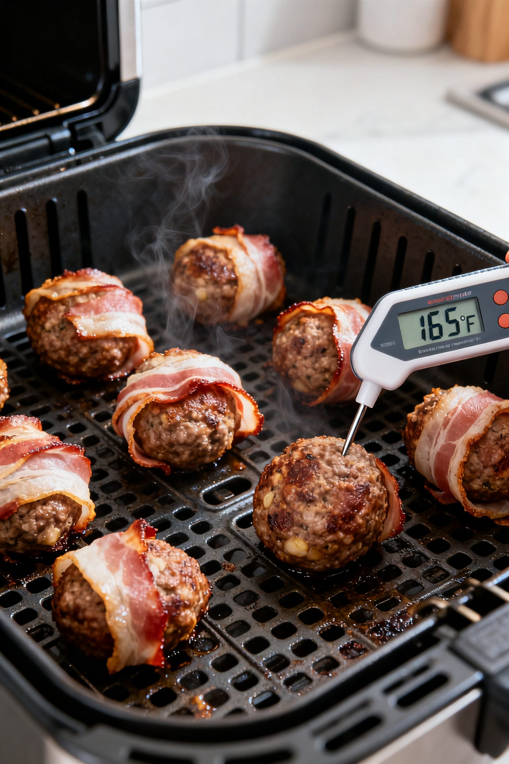 Cooking process shot: armadillo eggs in a single, well-spaced layer on a perforated air fryer rack m