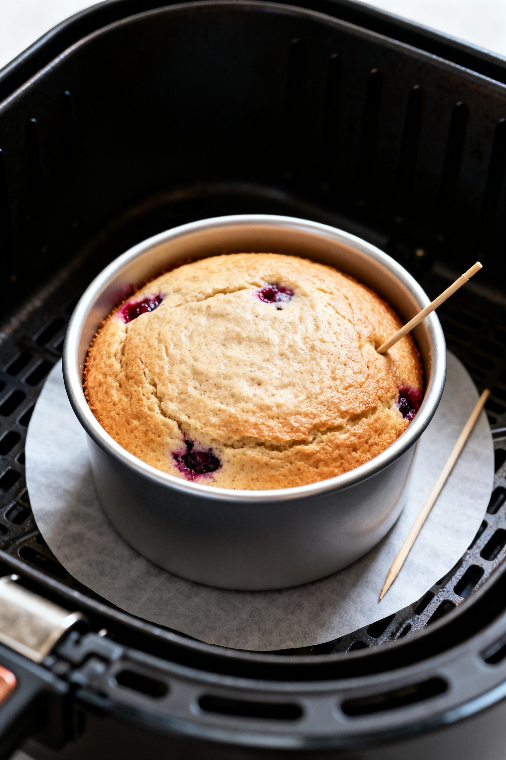 Cooking process shot: batter-filled, greased 4-inch cake pan nestled in an open air fryer basket mid