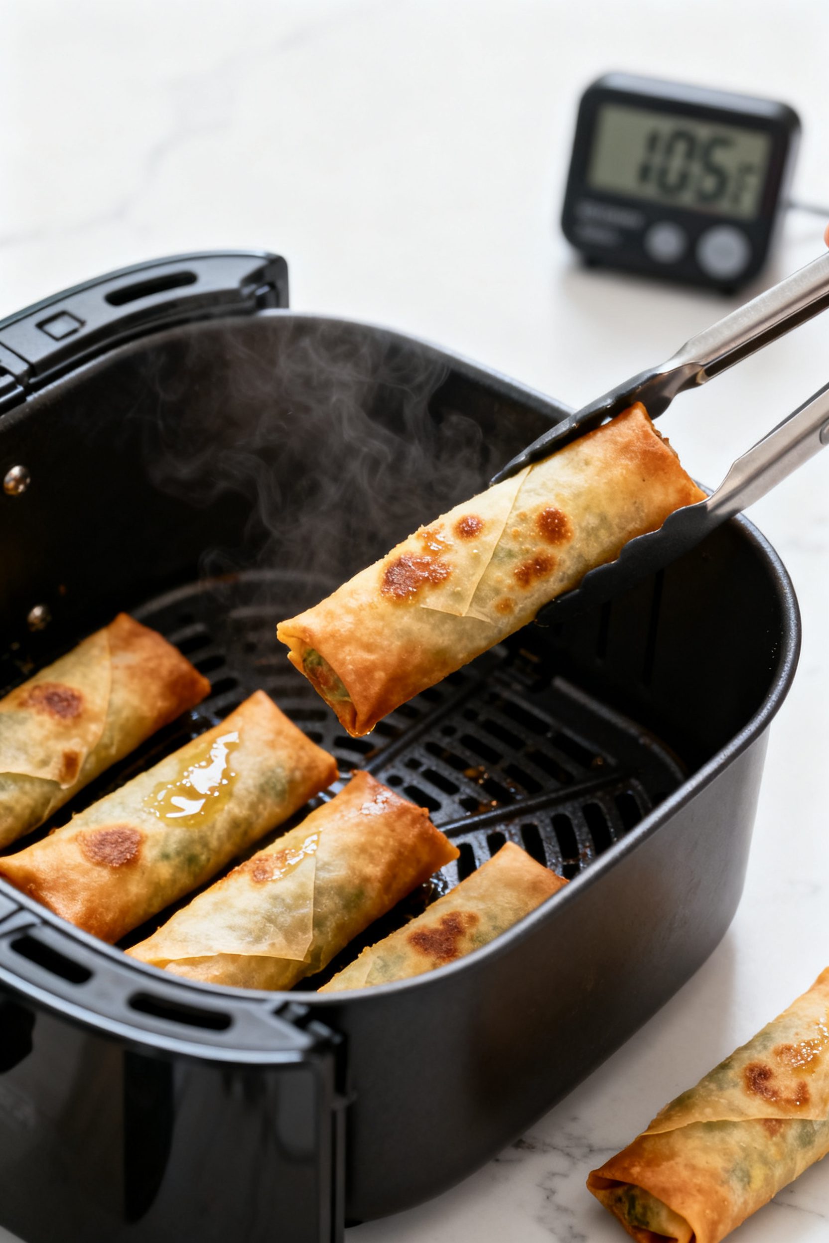 Cooking process shot: egg rolls in a single, spaced layer inside an air fryer basket mid-cook at 375