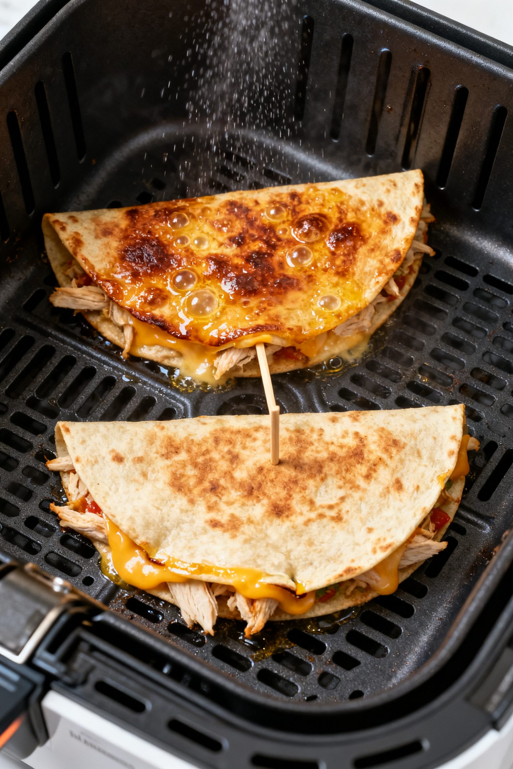 Cooking process shot inside an air fryer basket: two folded chicken quesadillas at the flip stage, o
