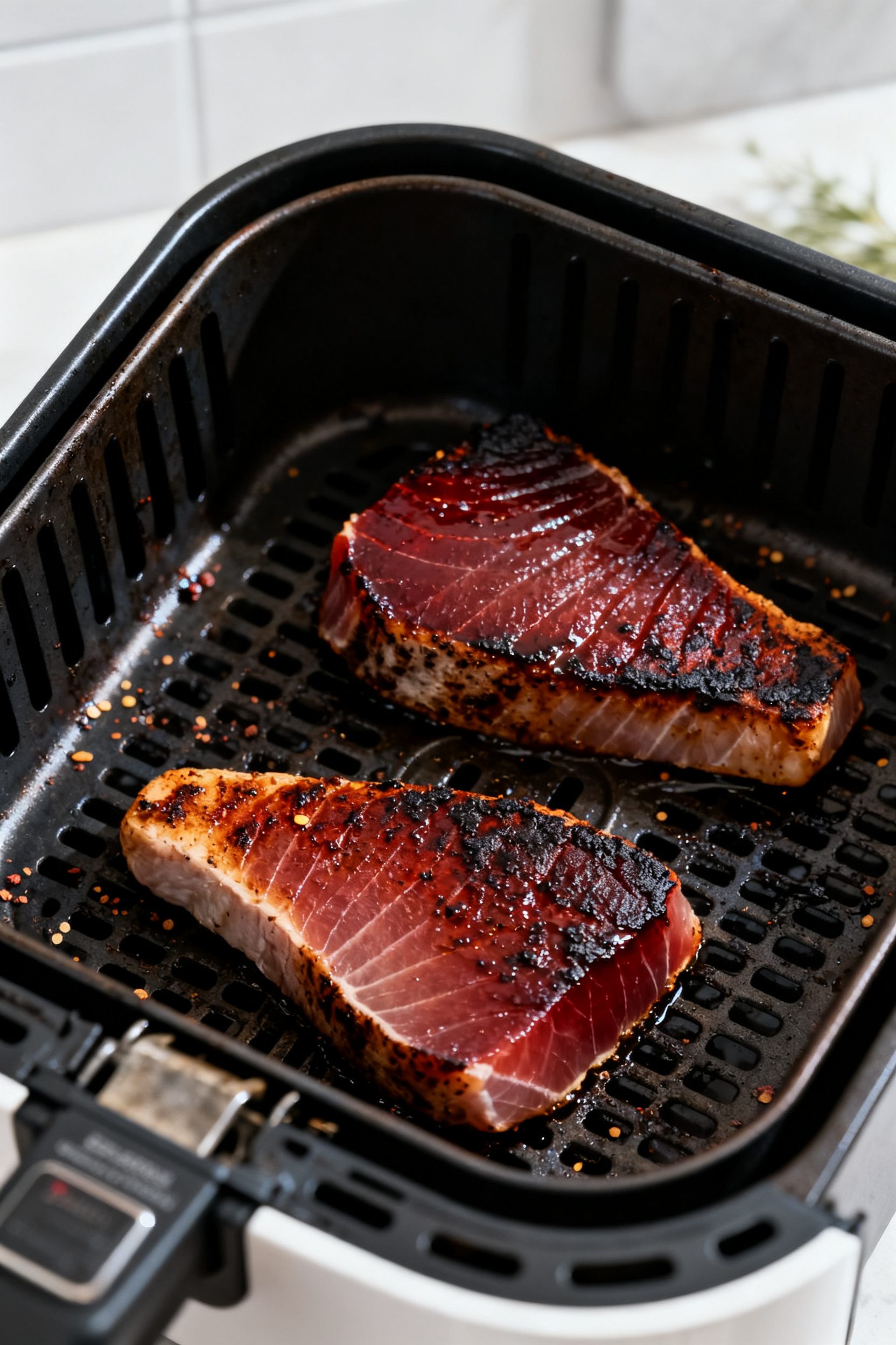 Cooking process shot inside an open preheated air fryer basket: two tuna steaks in a single layer mi