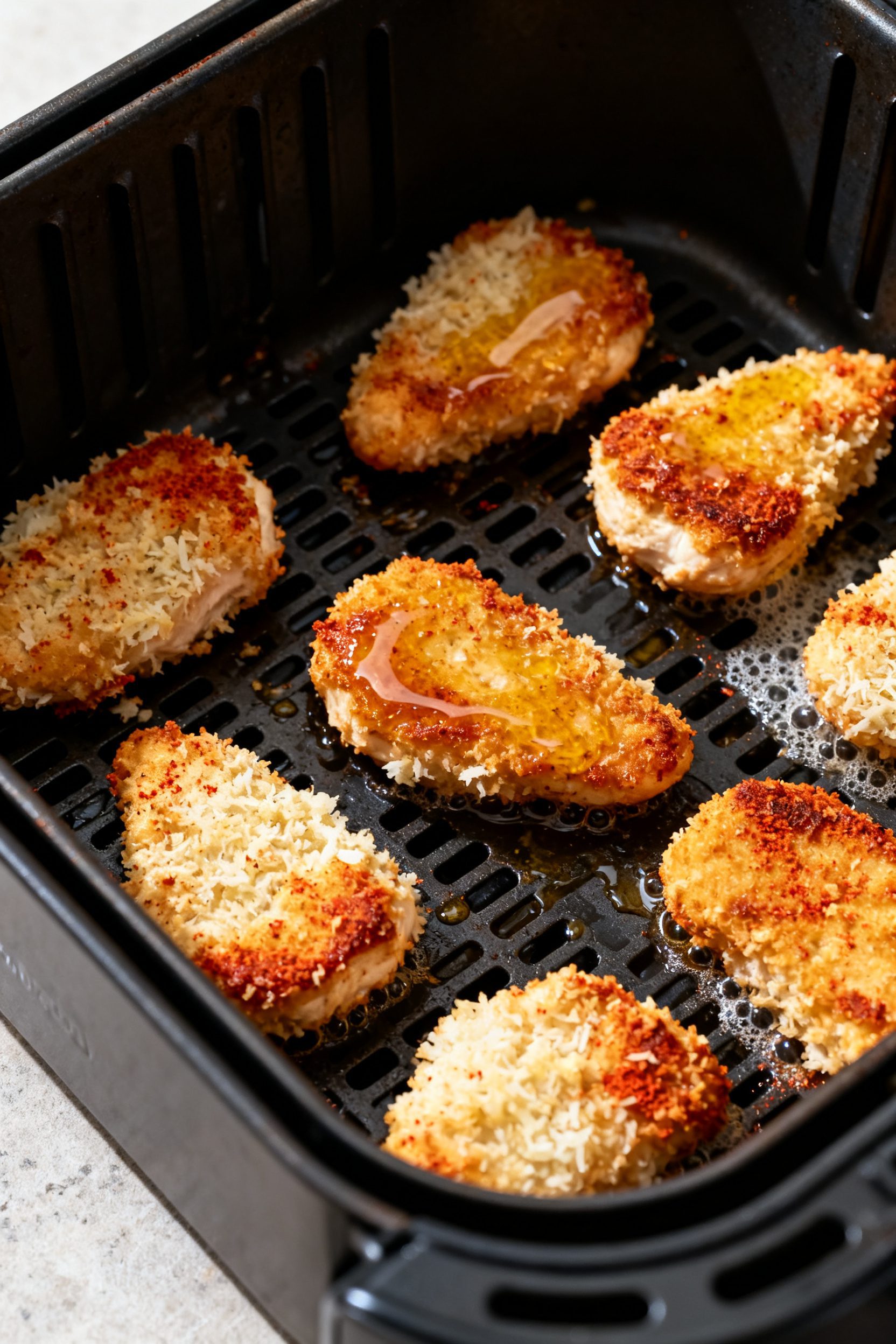 Cooking process shot inside the air fryer: nuggets in a single, spaced layer mid-cook after the flip