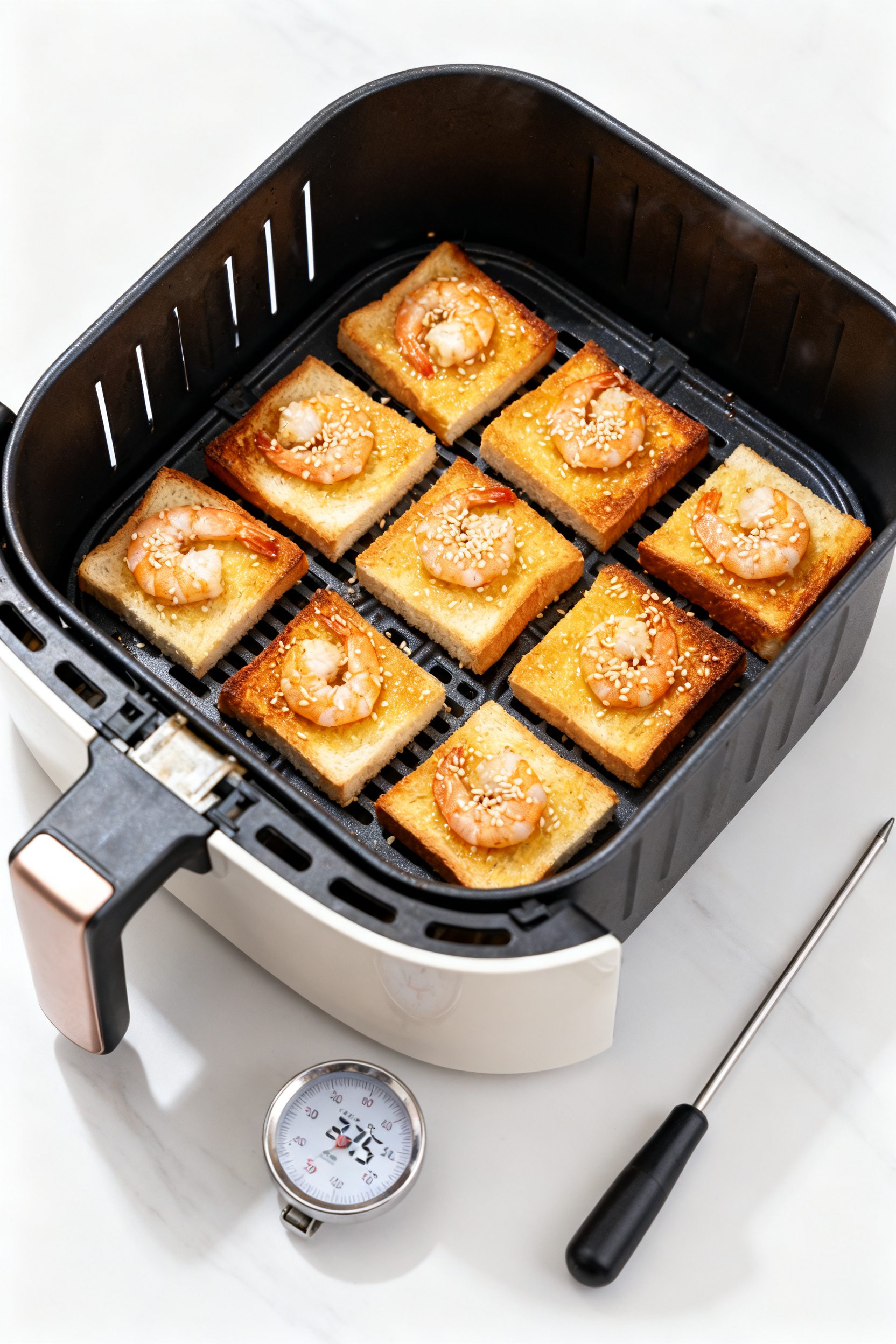 Cooking process shot inside the air fryer: single layer of prawn toast pieces prawn-side up mid-cook