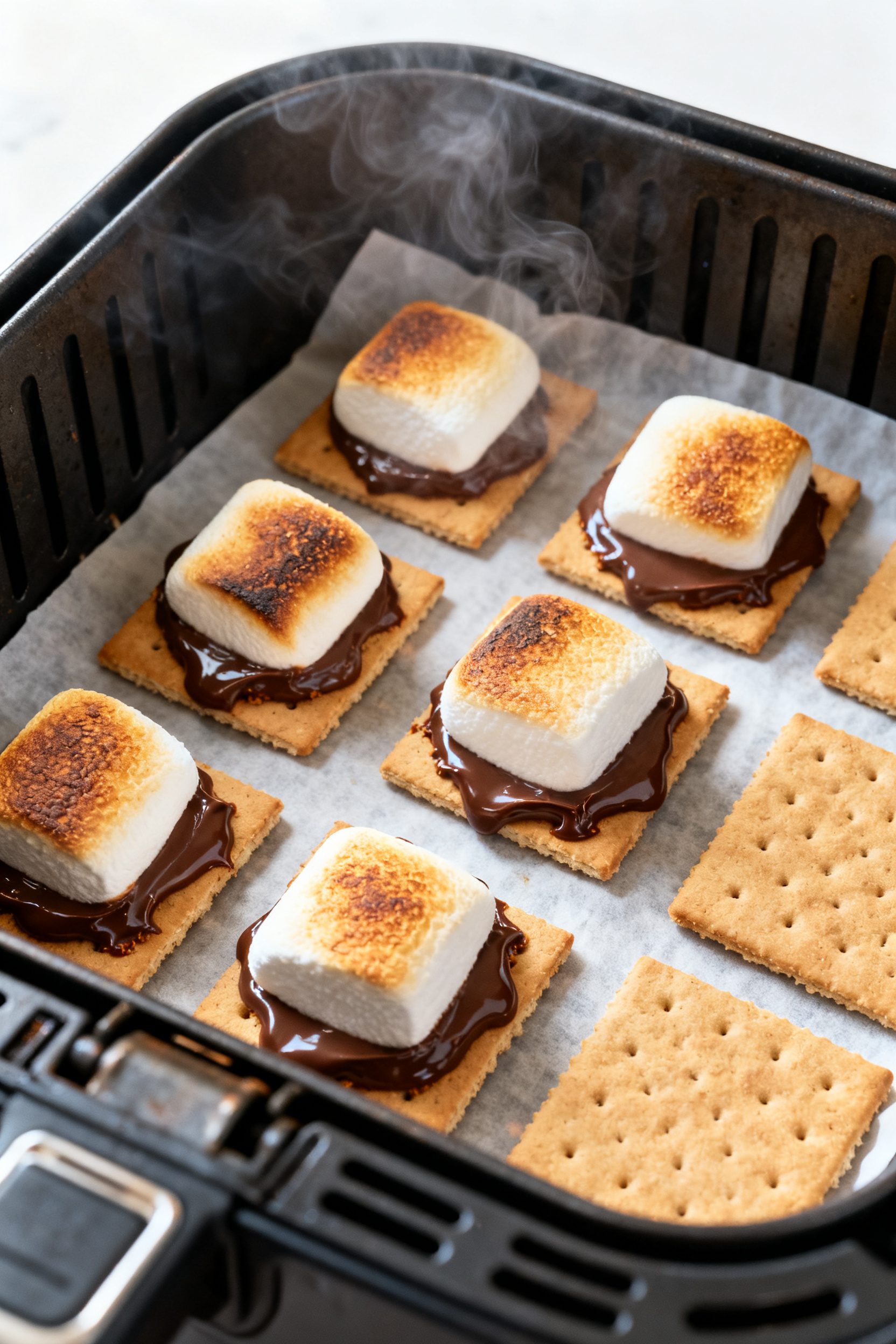 Cooking process shot inside the air fryer: single layer of assembled open-faced s’mores mid-cook a