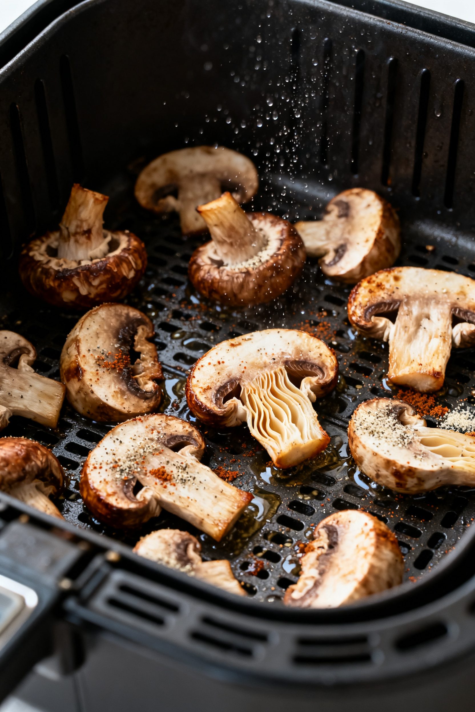 Cooking process shot: mushrooms in a single layer inside an air fryer basket mid-cook at 400°F—pi