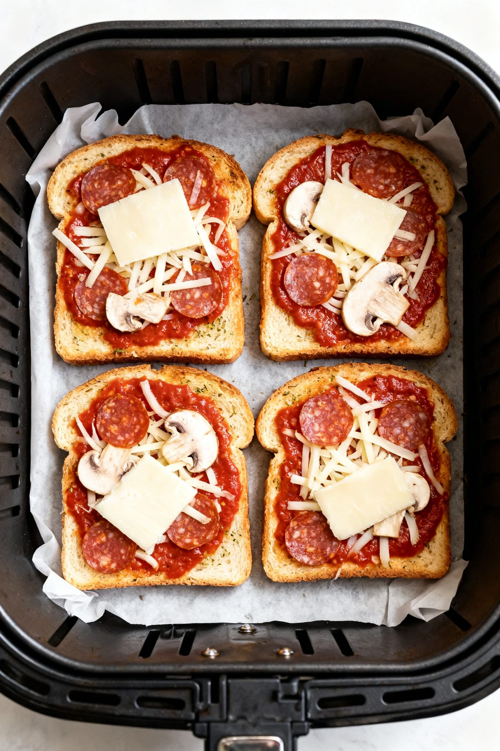 Cooking process shot: Overhead shot of par-cooked garlic Texas toast slices in an air fryer basket a
