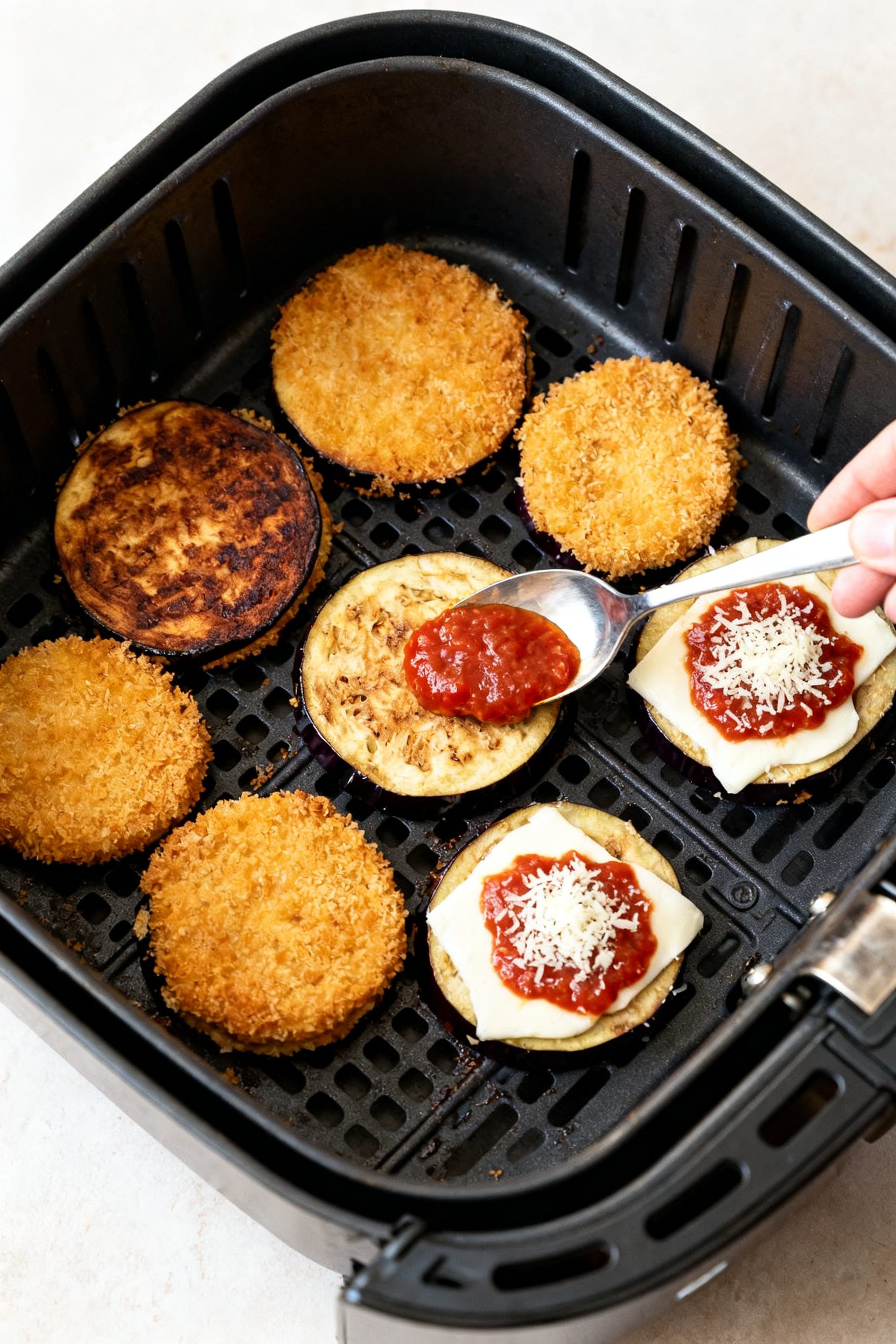 Cooking process shot: Overhead view inside an air fryer basket with a single layer of breaded eggpla