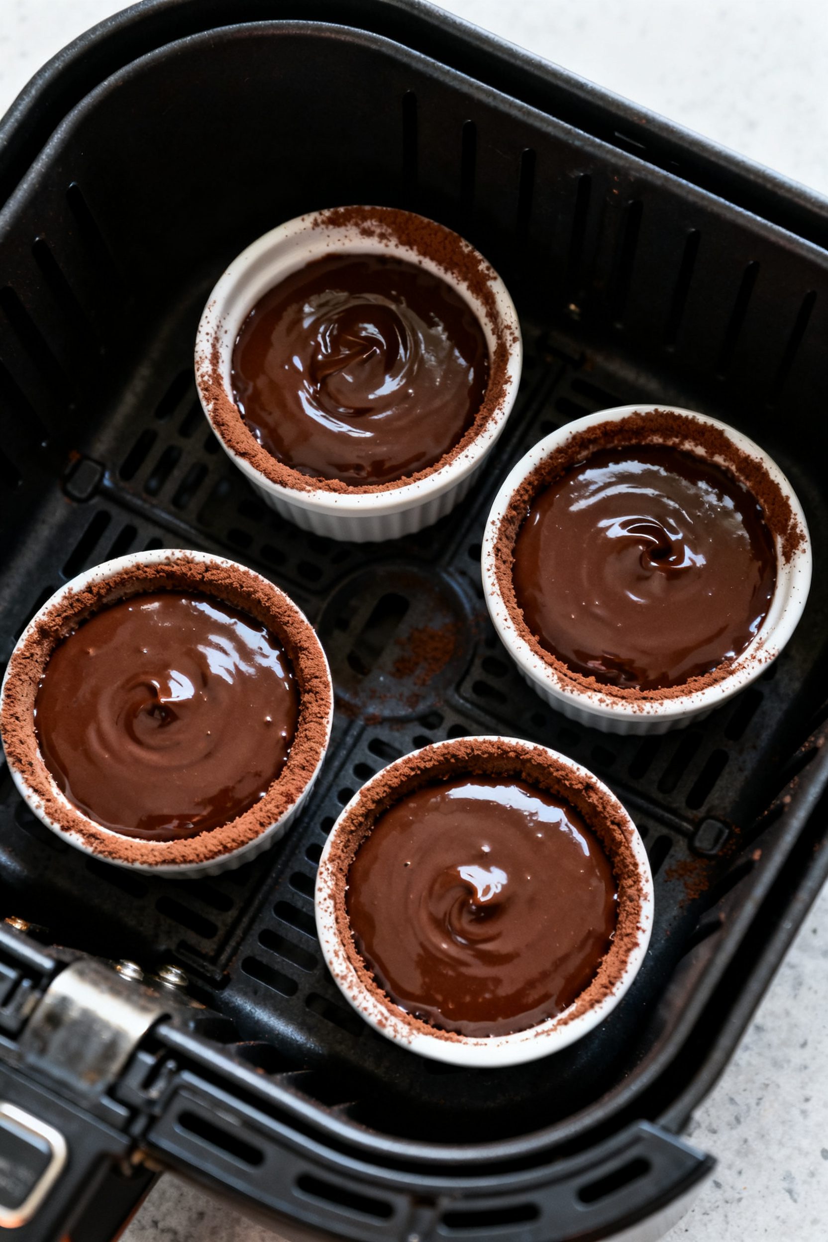 Cooking process shot: Overhead view inside an air fryer basket showing four 6-ounce ramekins filled 