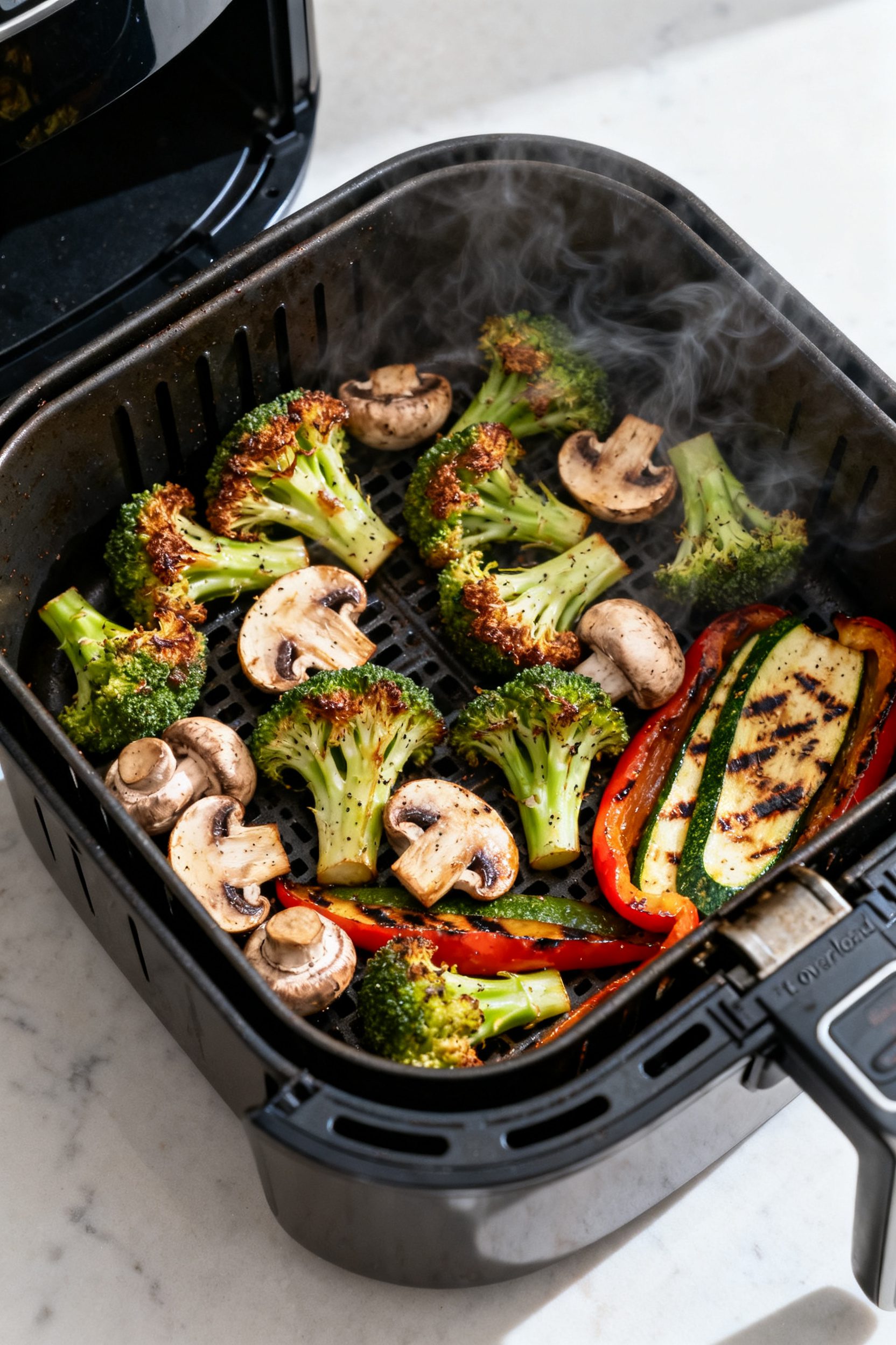 Cooking process shot: Overhead view of a preheated air fryer basket with a single, uncrowded layer o