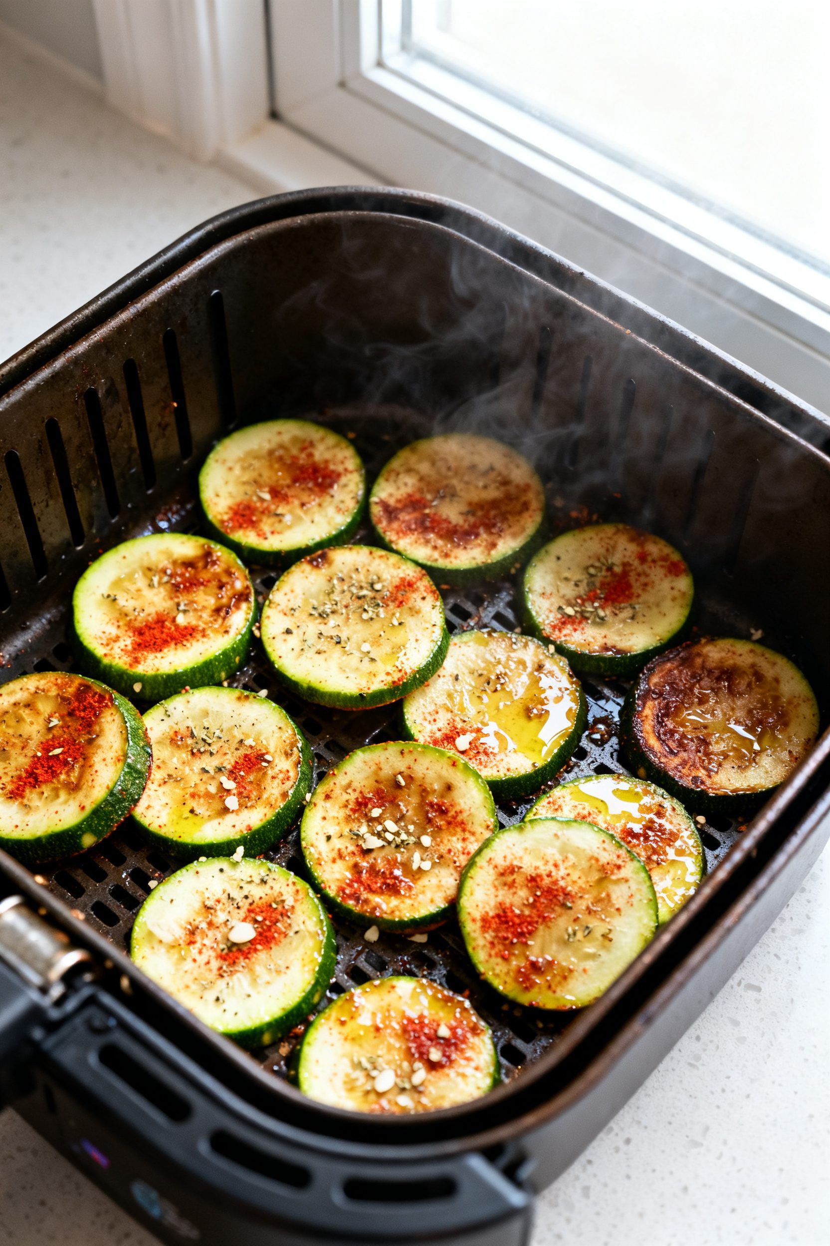 Cooking process shot: Overhead view of a single, uncrowded layer of seasoned zucchini rounds in an o
