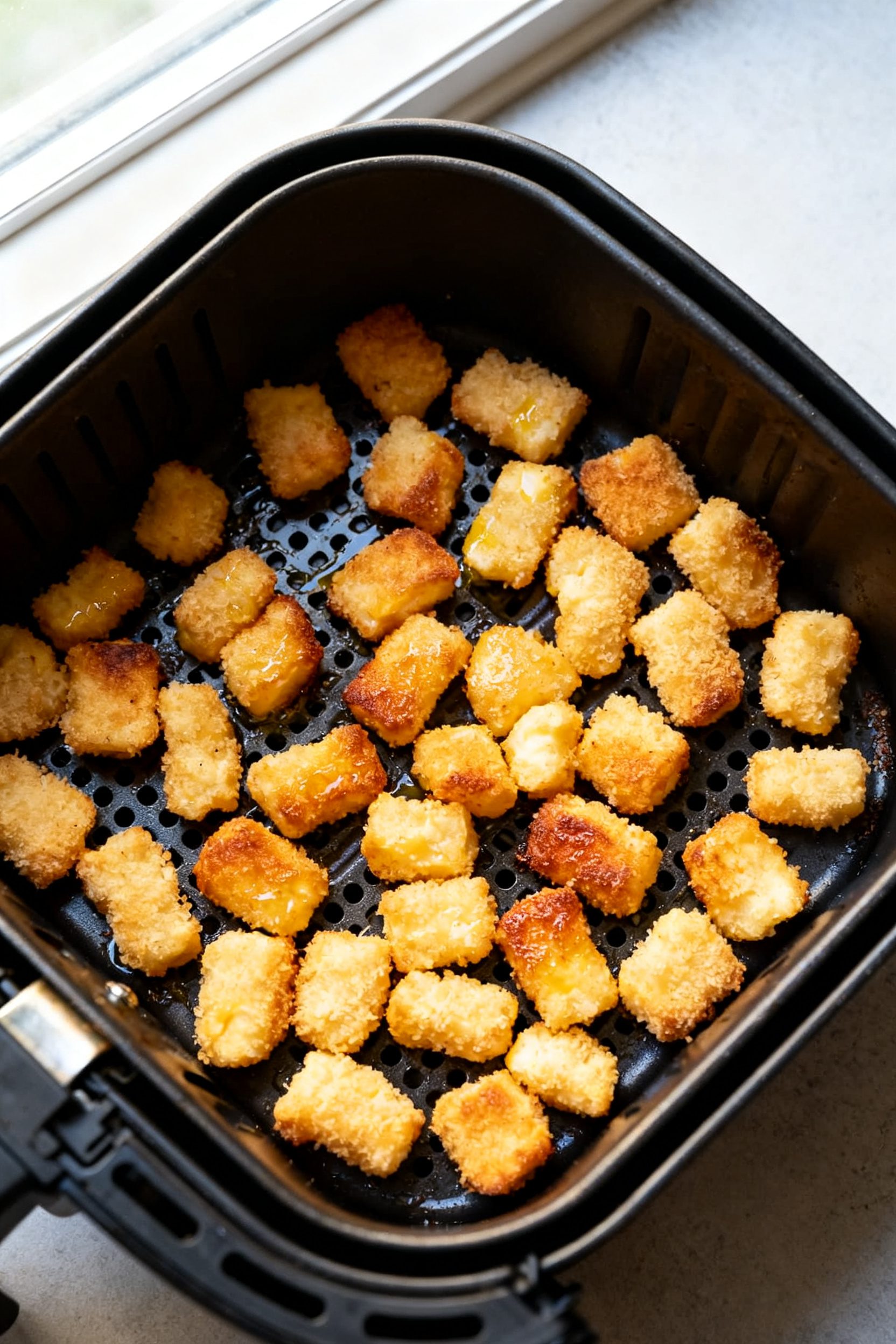 Cooking process shot: Overhead view of an air fryer basket at 375°F with a single, well-spaced laye