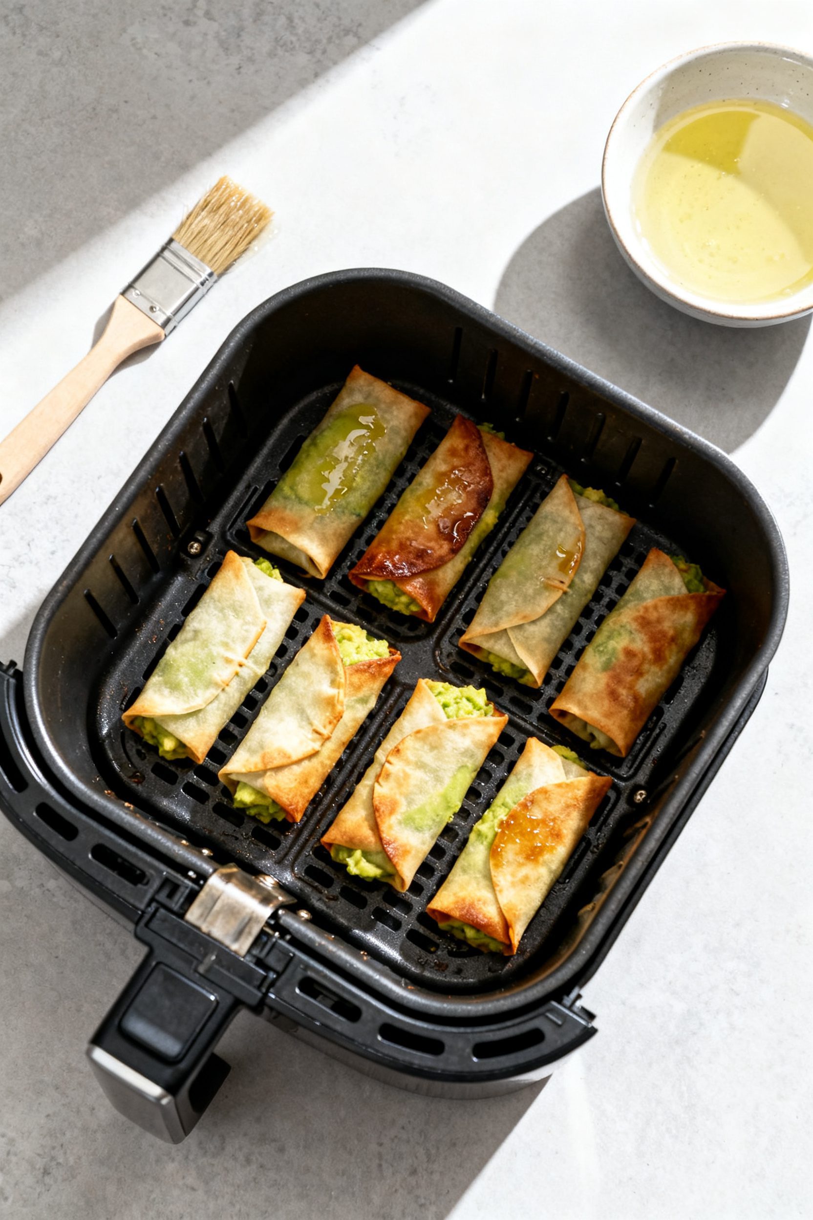 Cooking process shot: Overhead view of an air fryer basket at 375°F with a single layer of avocado 