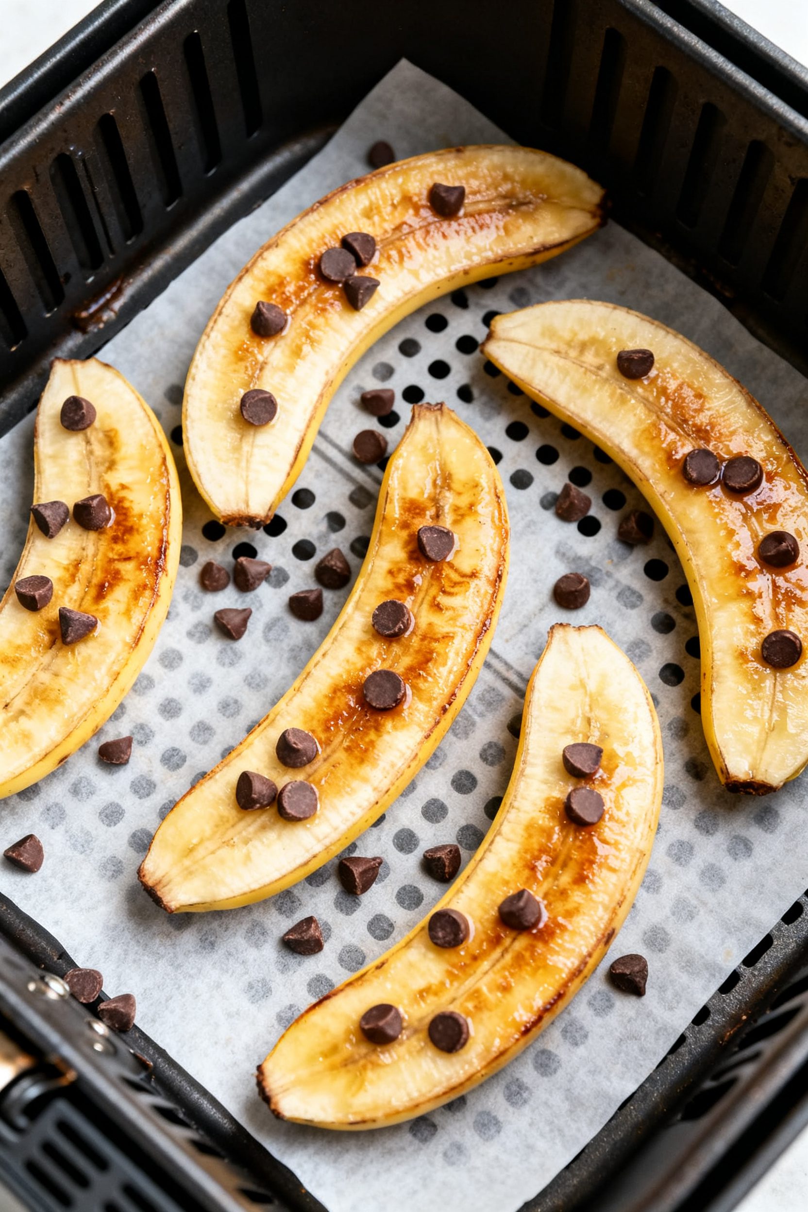 Cooking process shot: Overhead view of banana halves in an air fryer basket, cut side up on perforat