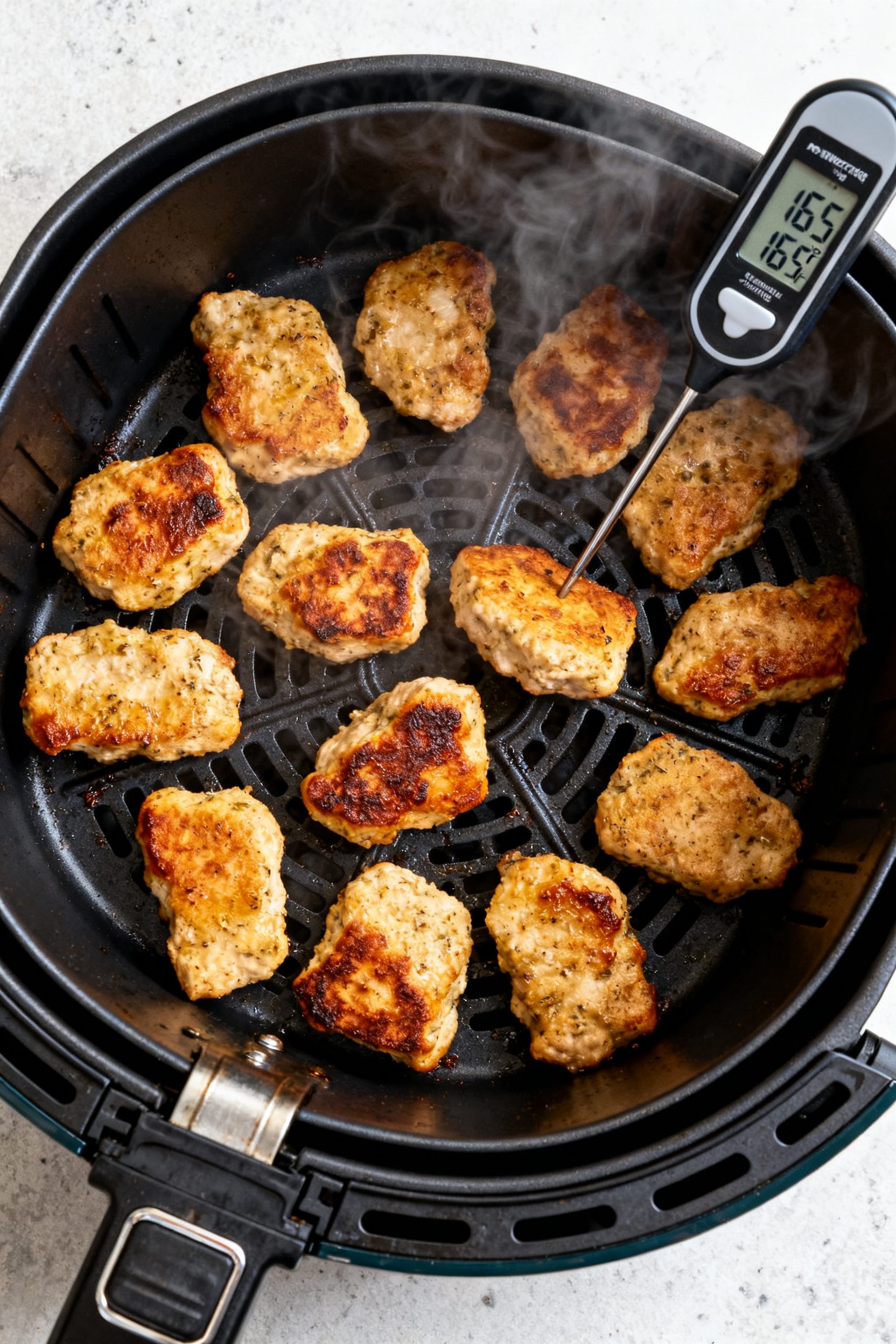 Cooking process shot: Overhead view of marinated, cooked nuggets arranged in a single layer inside a