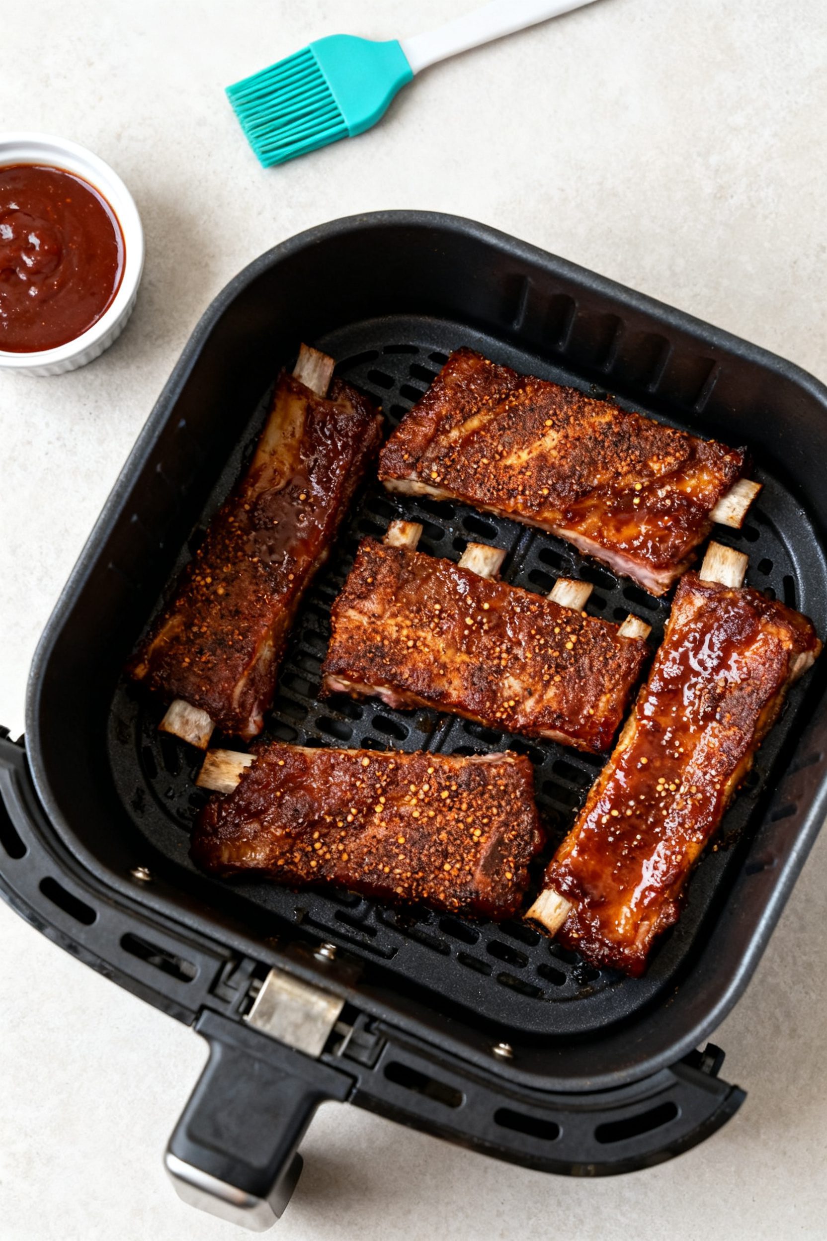 Cooking process shot: Overhead view of seasoned country style ribs arranged in a single, uncrowded l