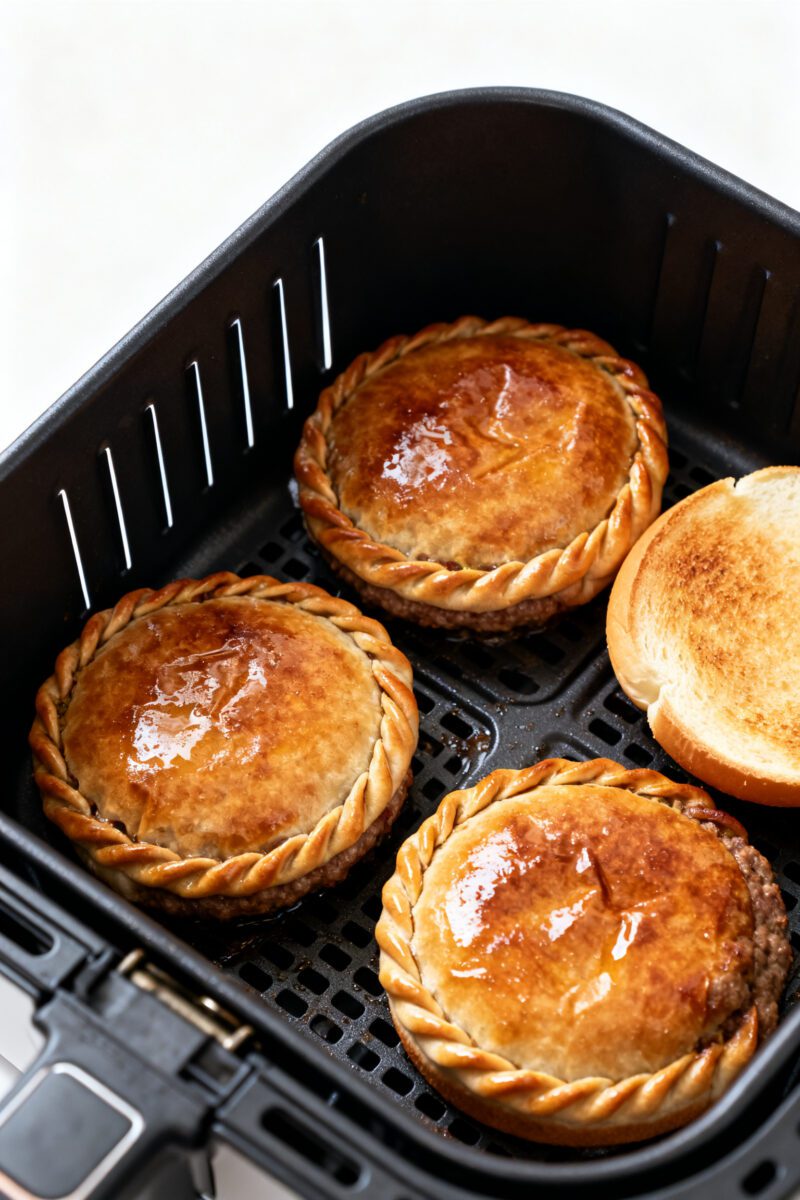 Cooking process shot: Overhead view of two sealed stuffed burger patties in an air fryer basket mid-