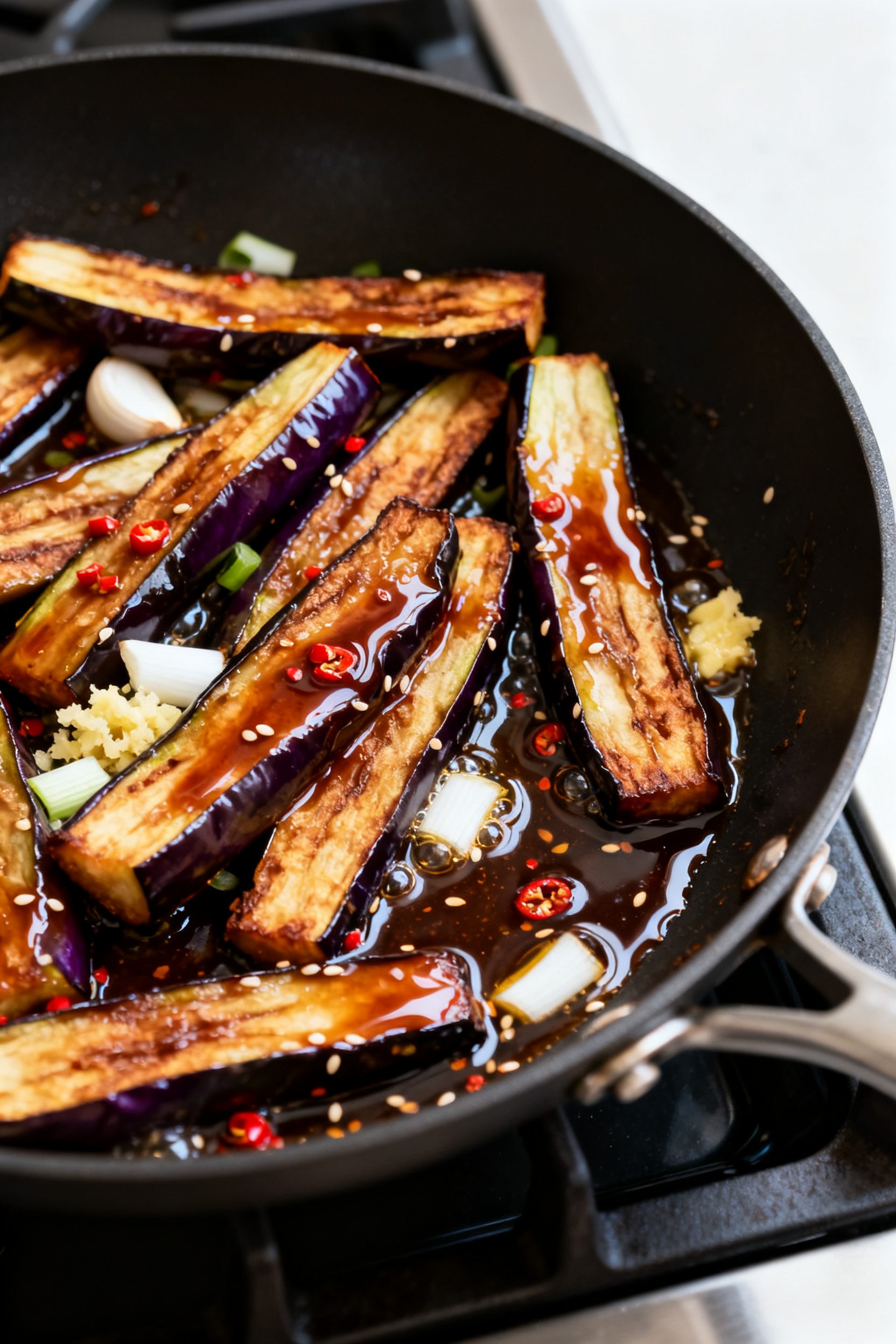 Cooking process shot: Sauce-glazing moment in a skillet—air-fried eggplant being gently folded thr