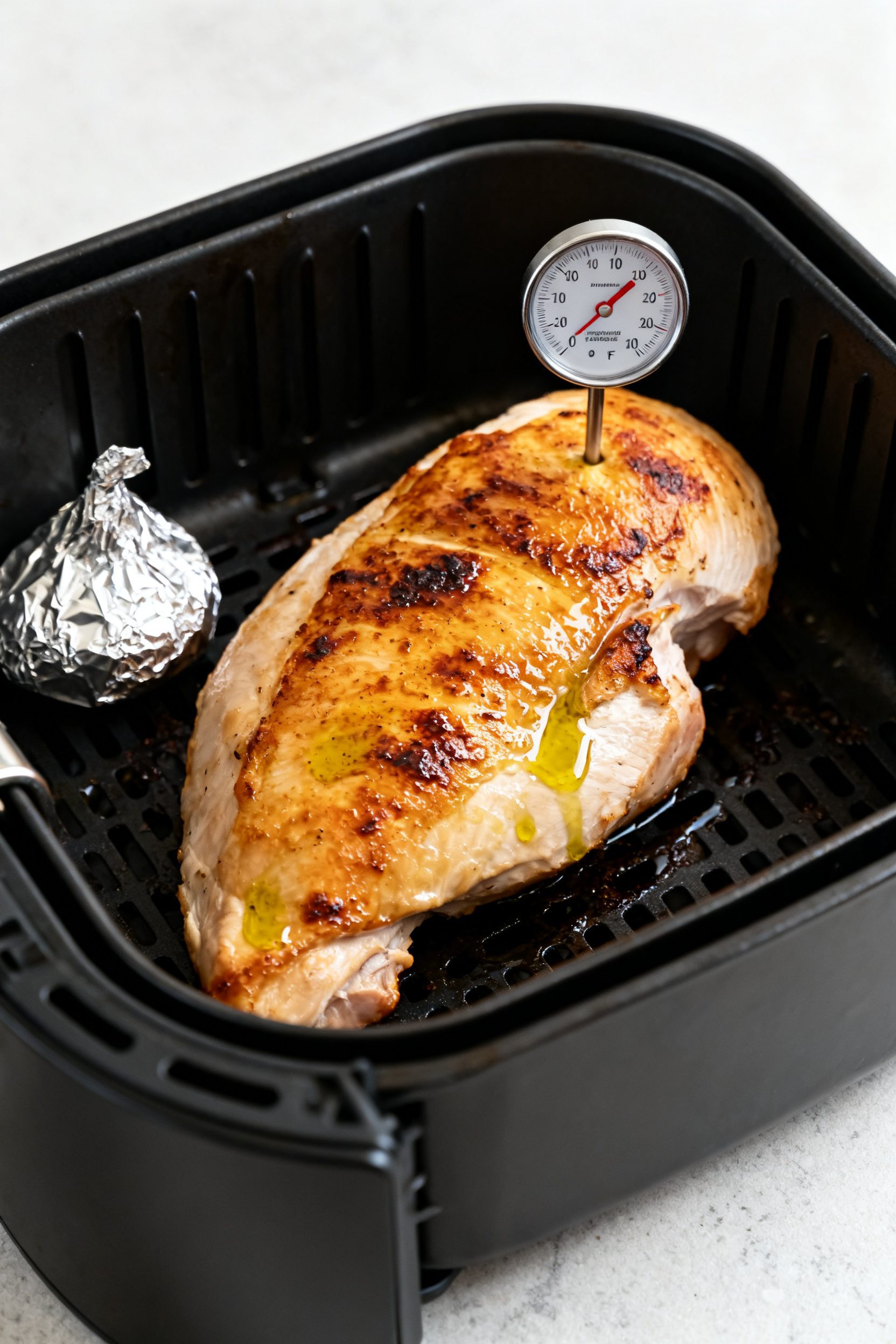 Cooking process shot: Turkey breast in an air fryer basket, skin-side up, midway through cooking at 