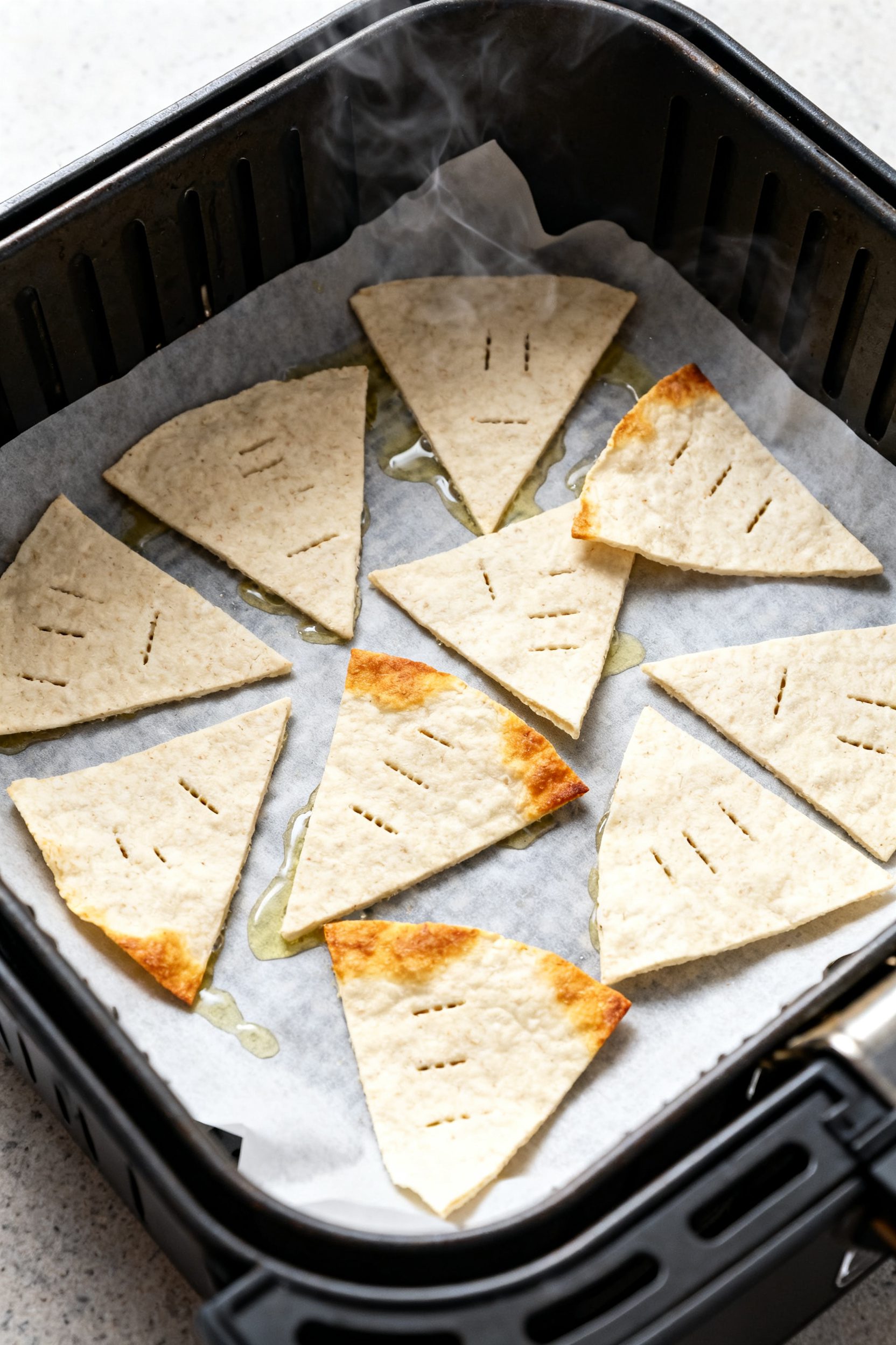 Cooking process shot: zero-carb tortilla chip dough cut into neat triangles on air fryer–safe parc