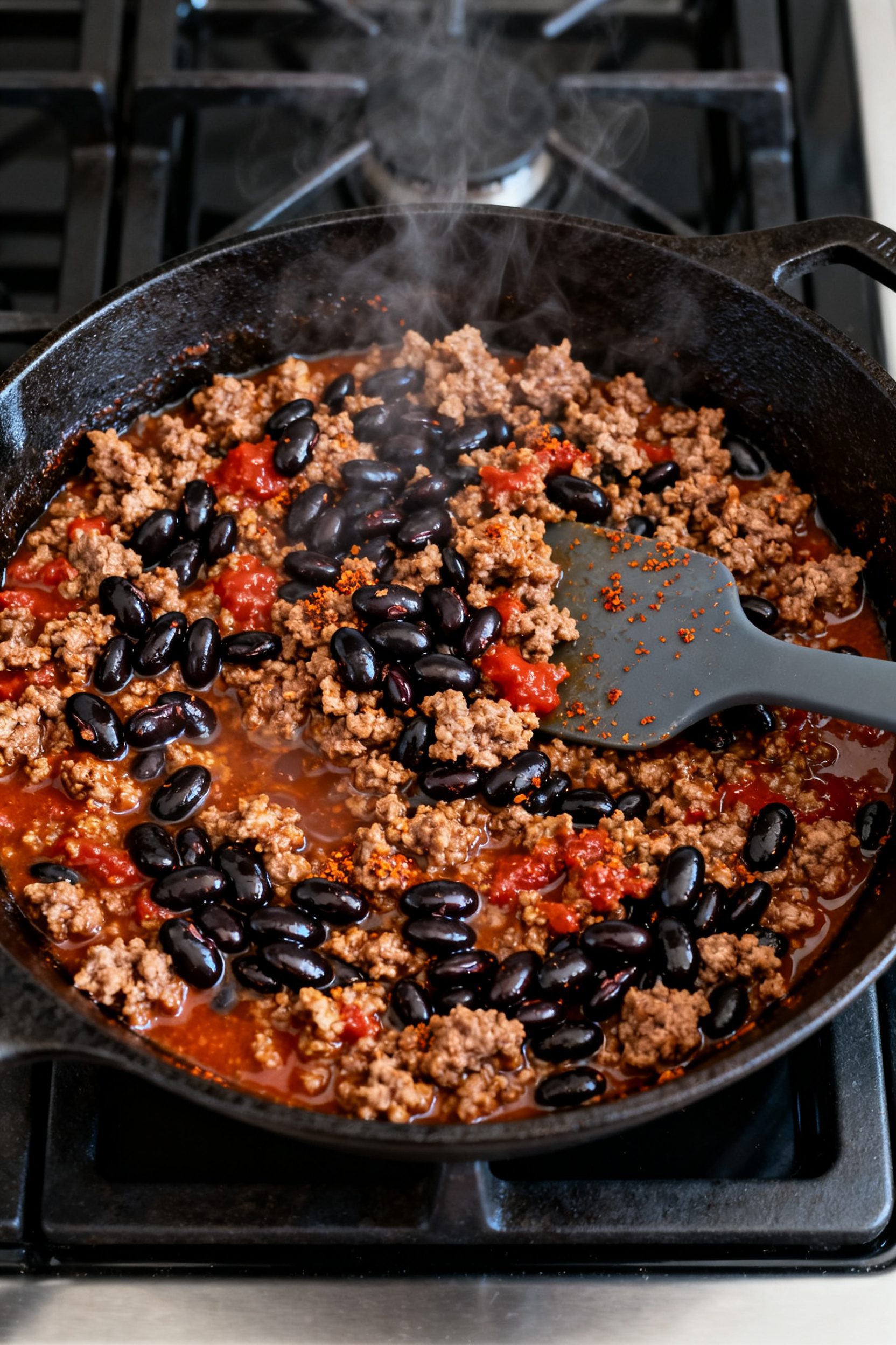 Cooking process: Skillet shot of the saucy taco filling—browned lean ground beef simmered with tac