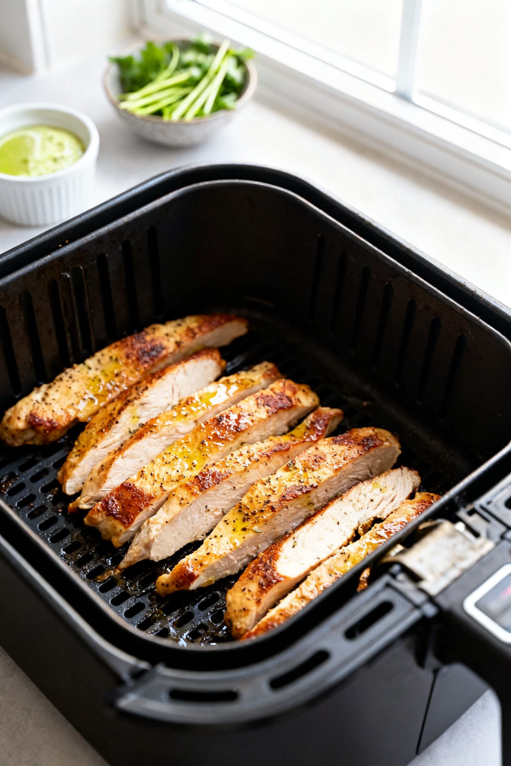 Cooking process: Sliced, seasoned chicken strips arranged in a single layer in an air fryer basket a