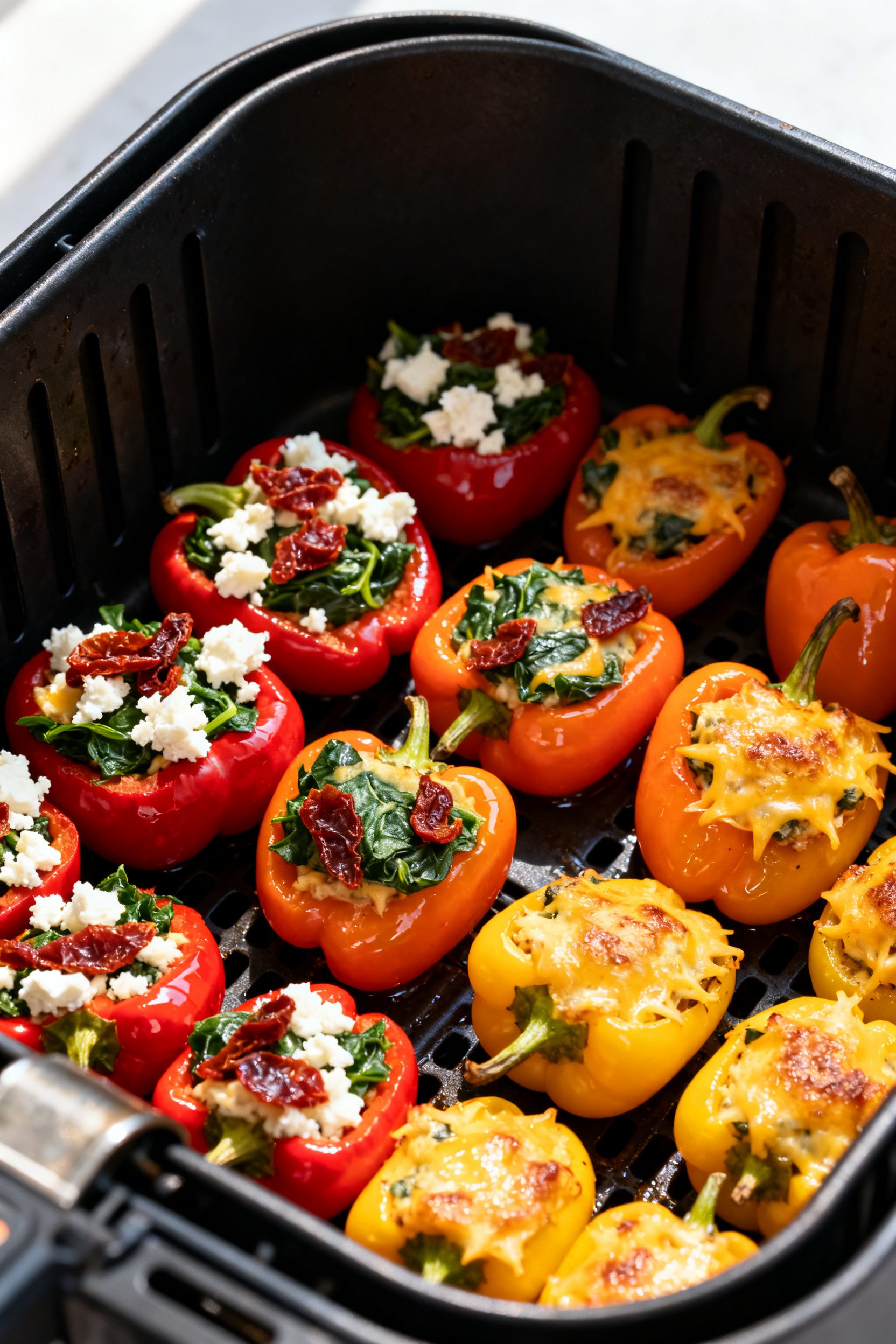 Cooking process: Stuffed mini peppers arranged in a single layer in an open air fryer basket, fillin