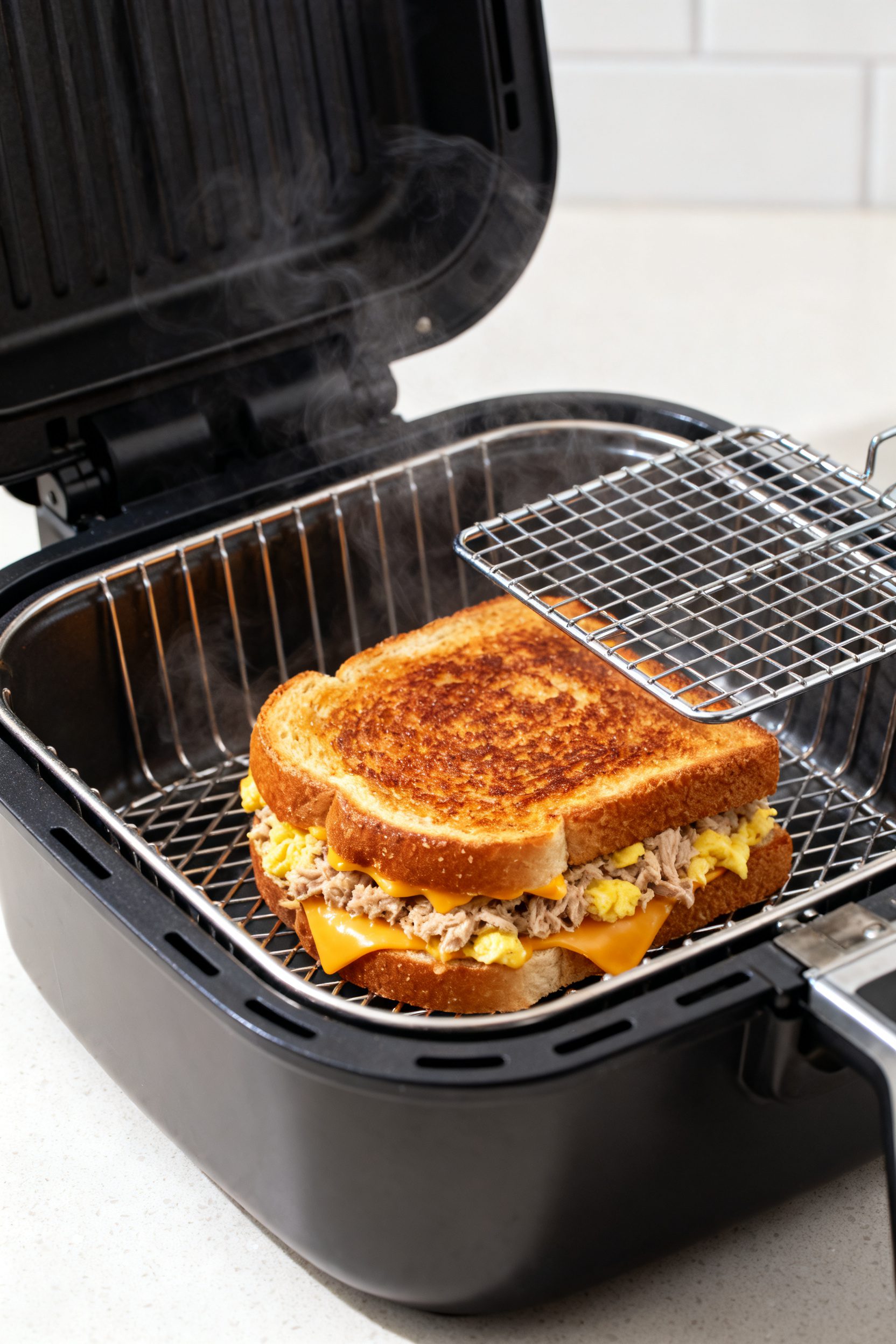 Cooking process: The assembled sandwich mid-cook in an open air fryer basket at 370°F, first side f