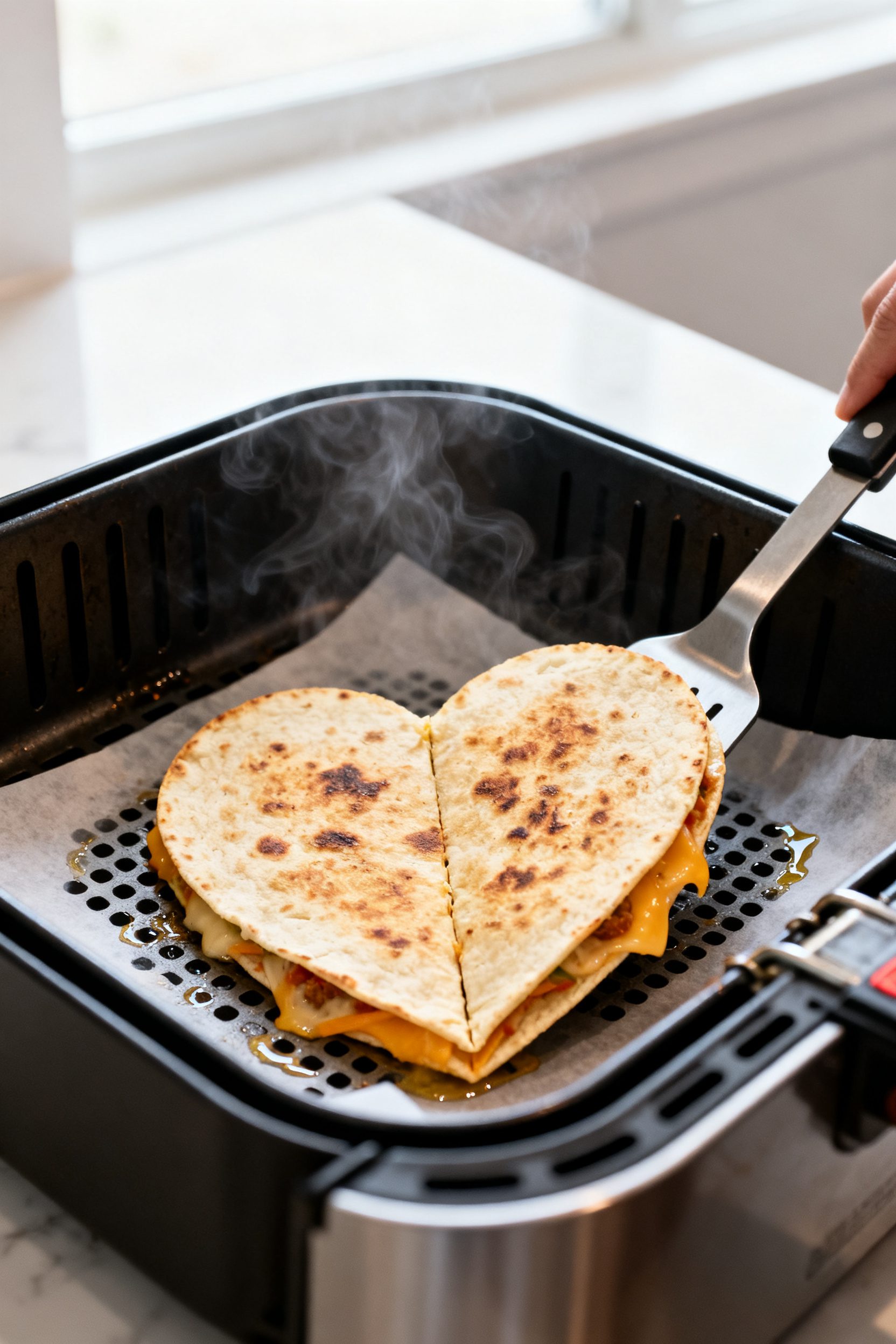 Cooking process: The heart-shaped quesadilla mid-cook in the air fryer, being carefully flipped with