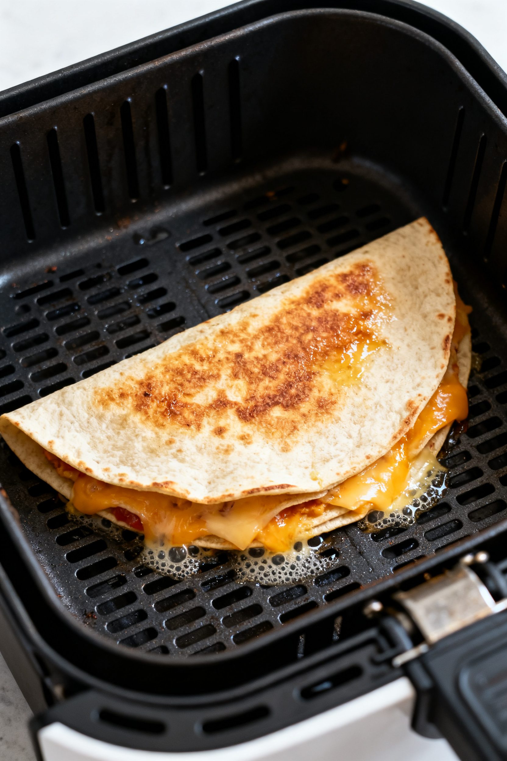 Cooking process: The quesadilla mid-cook in the air fryer at 375°F—basket pulled open slightly to