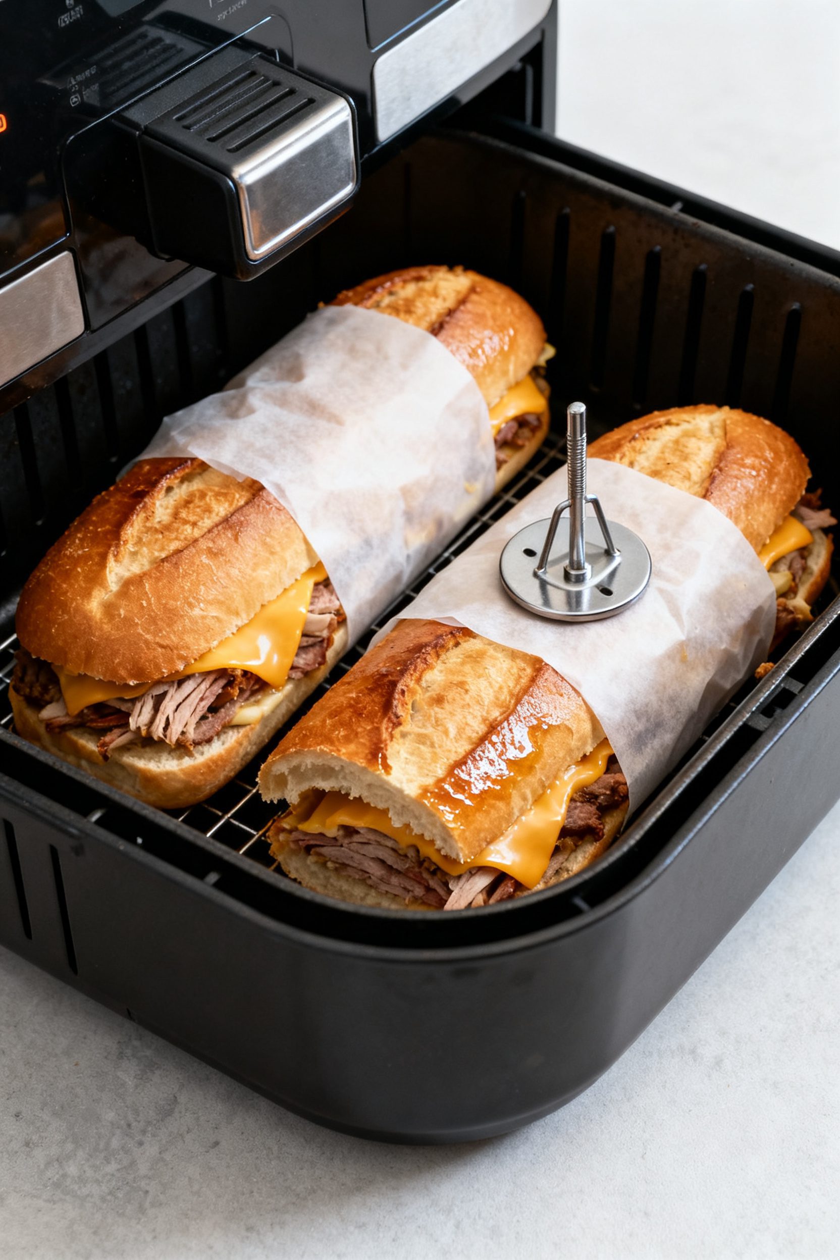 Cooking process: Two assembled Cuban sandwiches in an open air fryer basket at 375°F, lightly wrapp