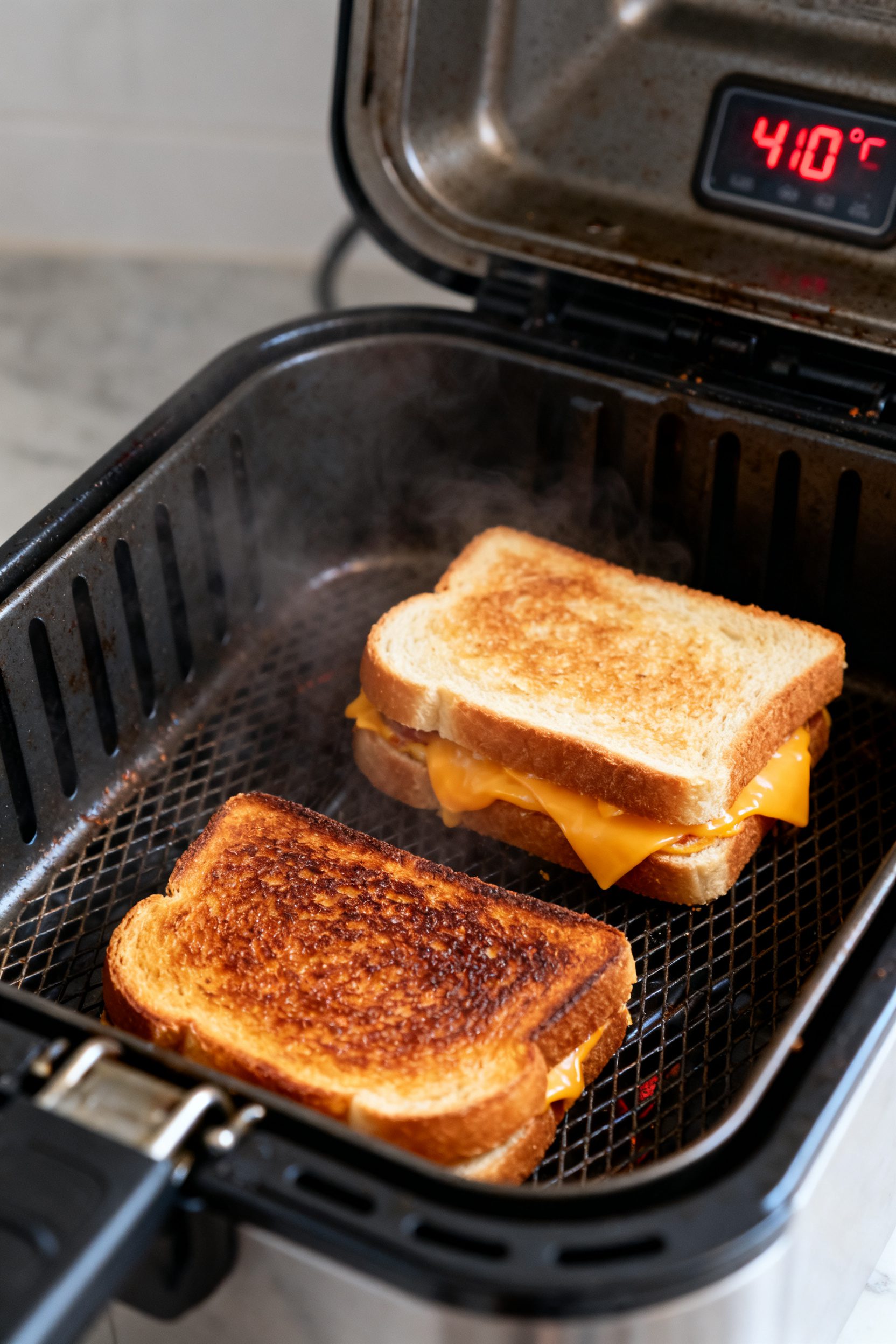 Cooking process: Two assembled Texas toast grilled cheese sandwiches inside an open air fryer basket
